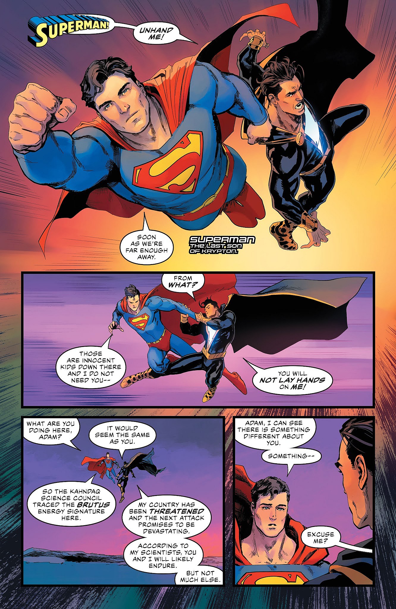 Superman has words for Black Adam in Justice League Vol. 4 #60 "Justice League: Prisms, Part Two" (2021), DC. Words by Brian Michael Bendis, art by David Marquez, Tamra Bonvillain, and Josh Reed.