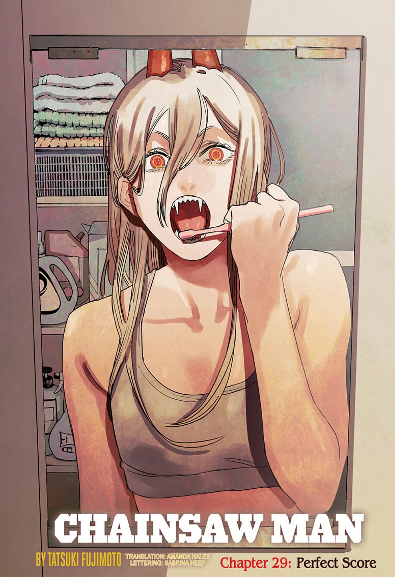 Power brushes her teeth on Tatsuki Fujimoto's cover to Chainsaw Man Ch. 29 "Perfect Score" (2019), Shueisha