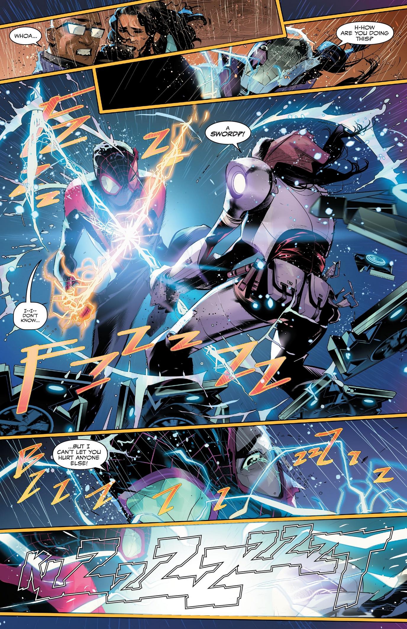 Miles Morales pulls yet another new power out of his butt in Miles Morales: Spider-Man Vol. 2 #5 "Trial By Spider - Part Five" (2023), Marvel Comics. Words by Cody Ziglar, art by Federico Vincentini, Bryan Valenza, and Cory Petit.