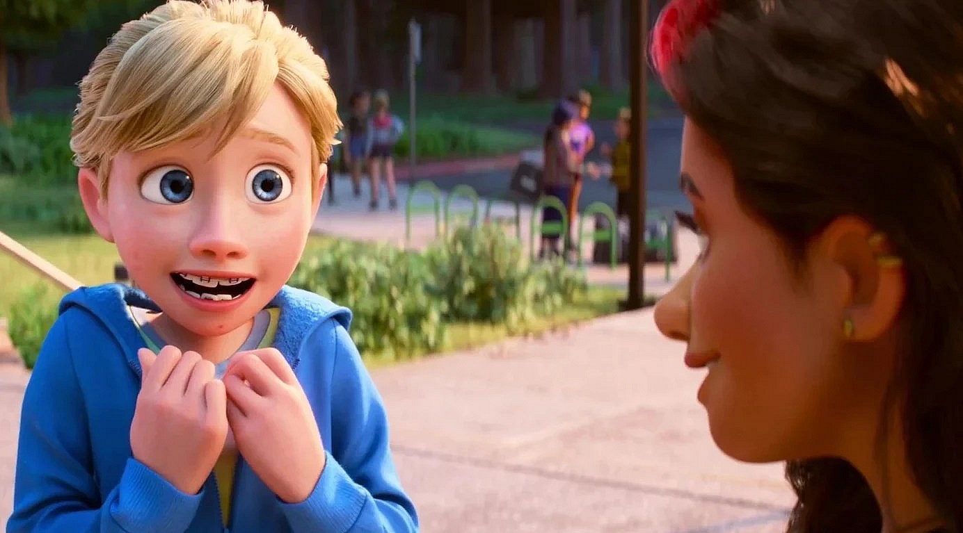 Riley (Kensington Tallman) fan-girls over Val (Lilimar) in Inside Out 2 (2024), Disney/Pixar