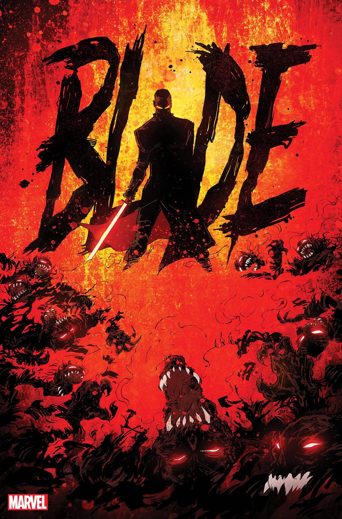 Blade lays waste to a horde of vampires on Kaare Andrew's variant cover to Blade Vol. 5 #1 "Mother of Evil: Part One" (2023), Marvel Comics