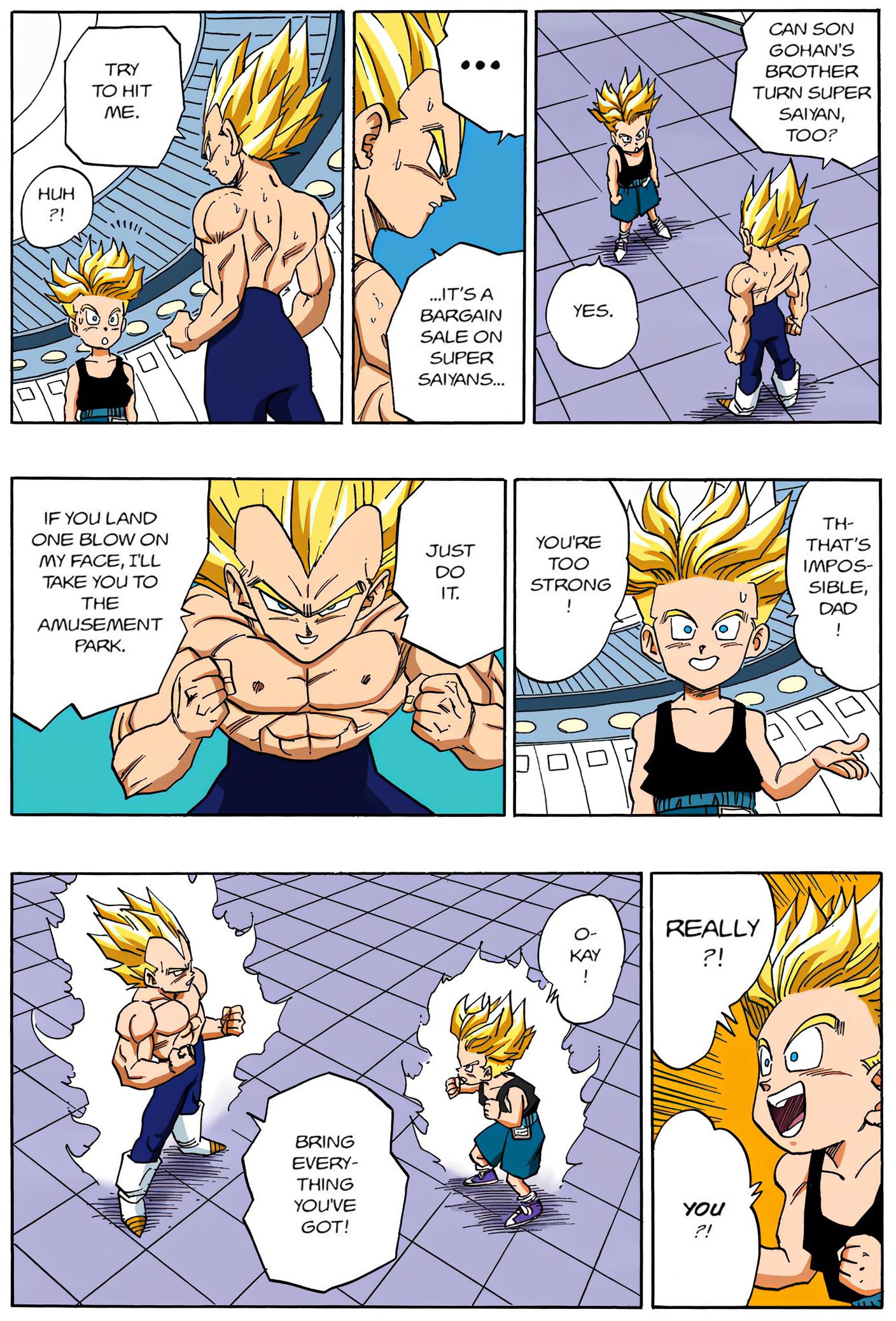 Vegeta wishes to test the extent of Trunks' newfound power in Dragon Ball Chapter 429 "Fathers" (1993), Shueisha. Words and art by Akira Toriyama.