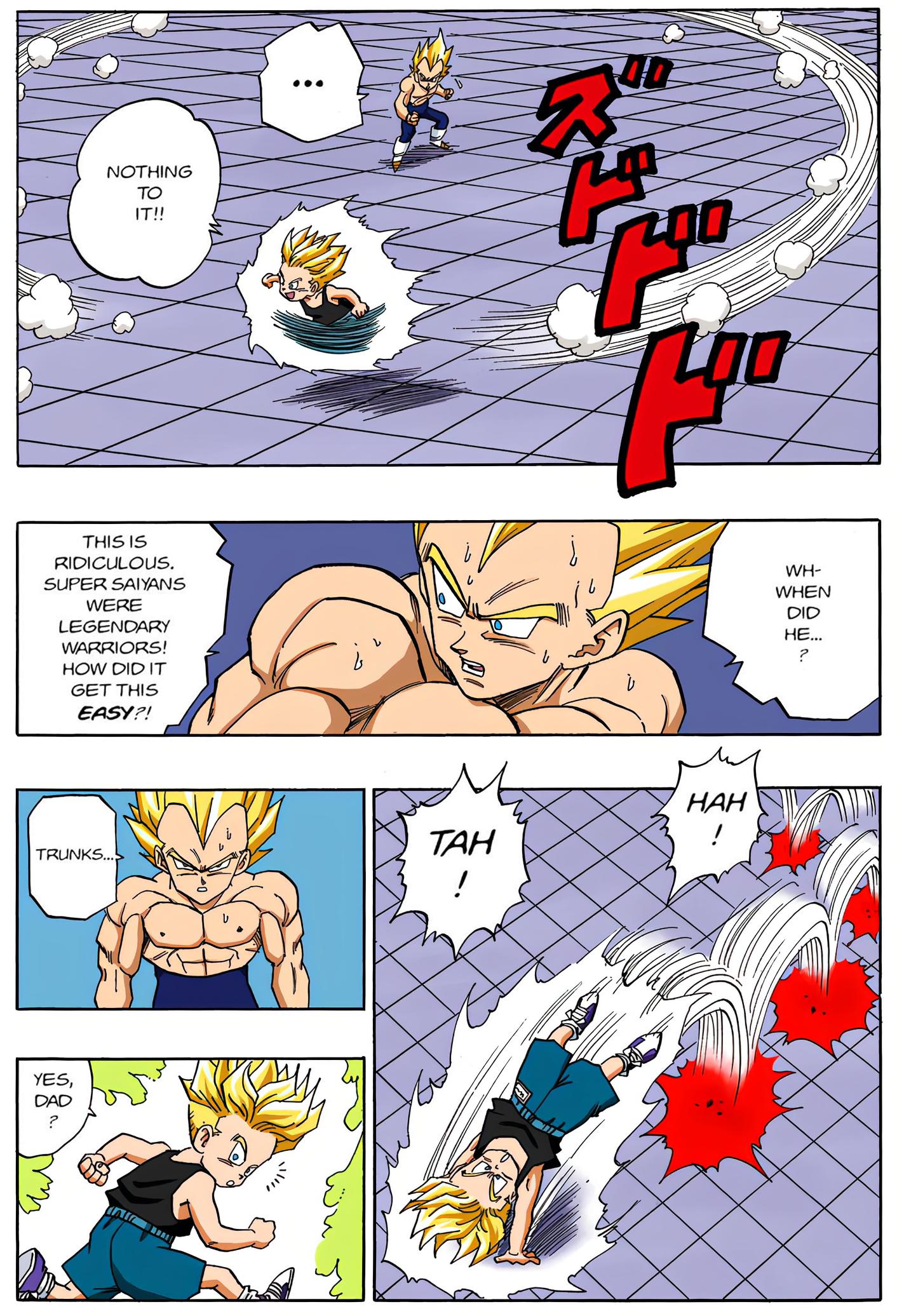 Vegeta is stunned to realize Trunks has already achieved Super Saiyan status in Dragon Ball Chapter 429 "Fathers" (1993), Shueisha. Words and art by Akira Toriyama.