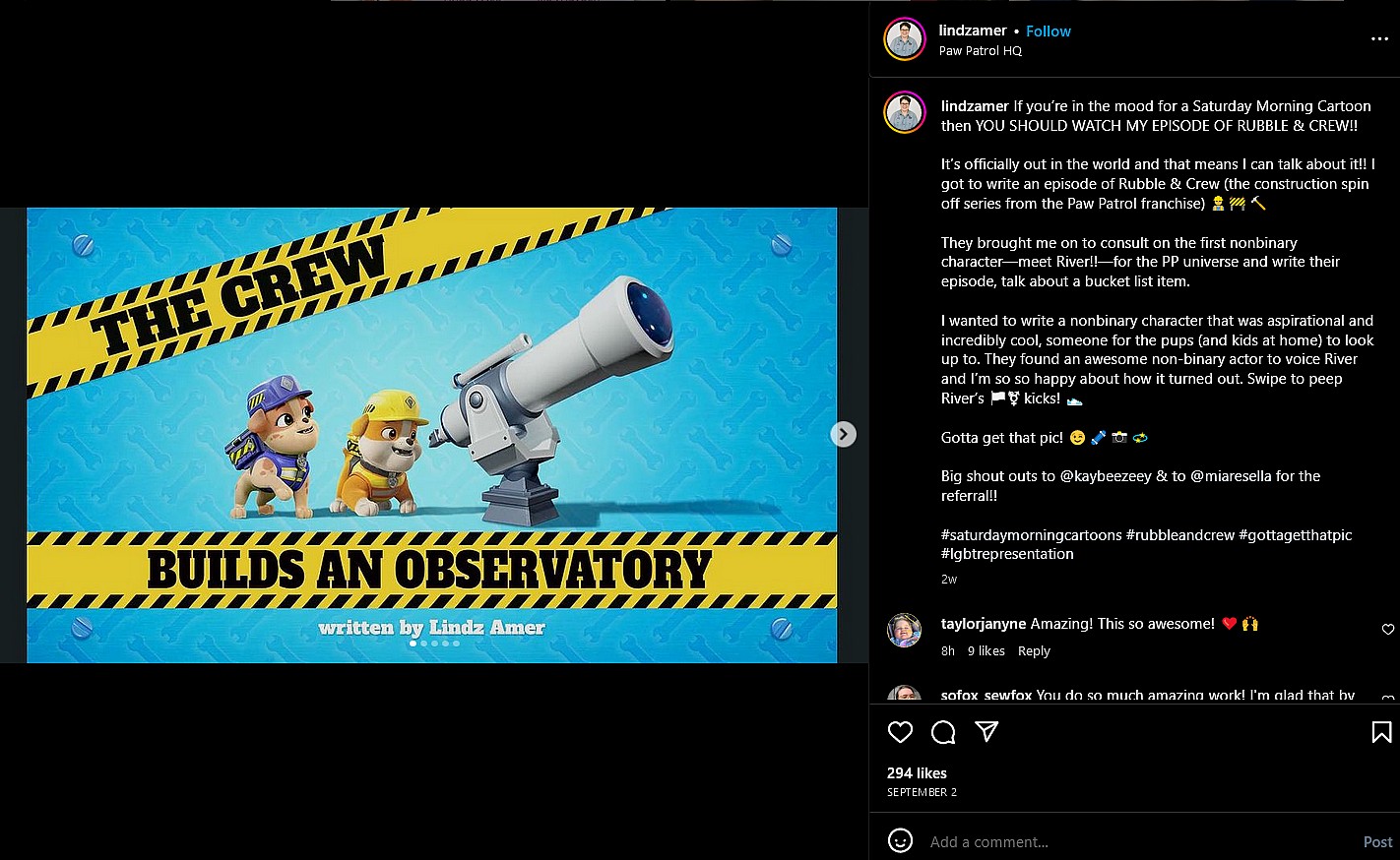 Lindsay Amer opens up about their episode of 'Rubble & Crew'