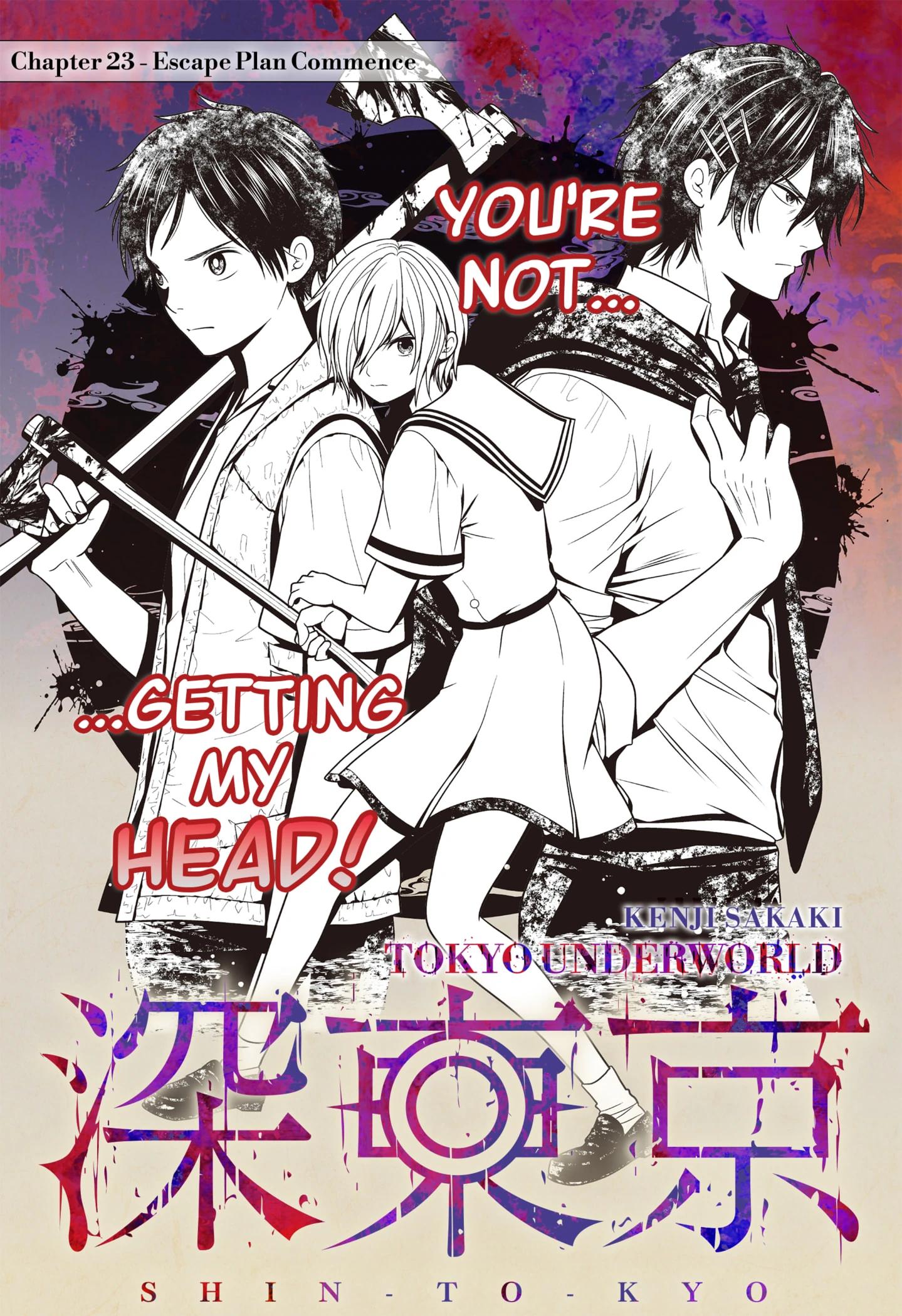Kenji Sakaki's cover page to Tokyo Underworld Chapter 23 "Escape Plan Commence" (2022), Shueisha