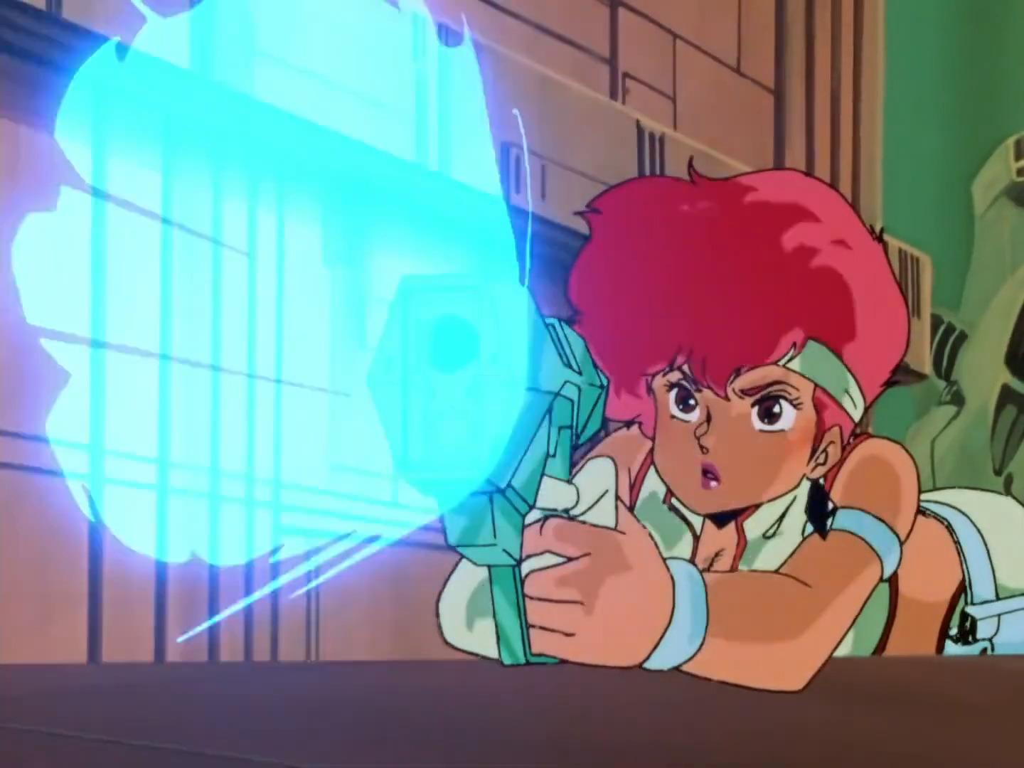 Kei (Kyoko Tongu) opens fire in Dirty Pair Episode 22 "We Did It! 463 People Reappear" (1985) , Nippon Sunrise