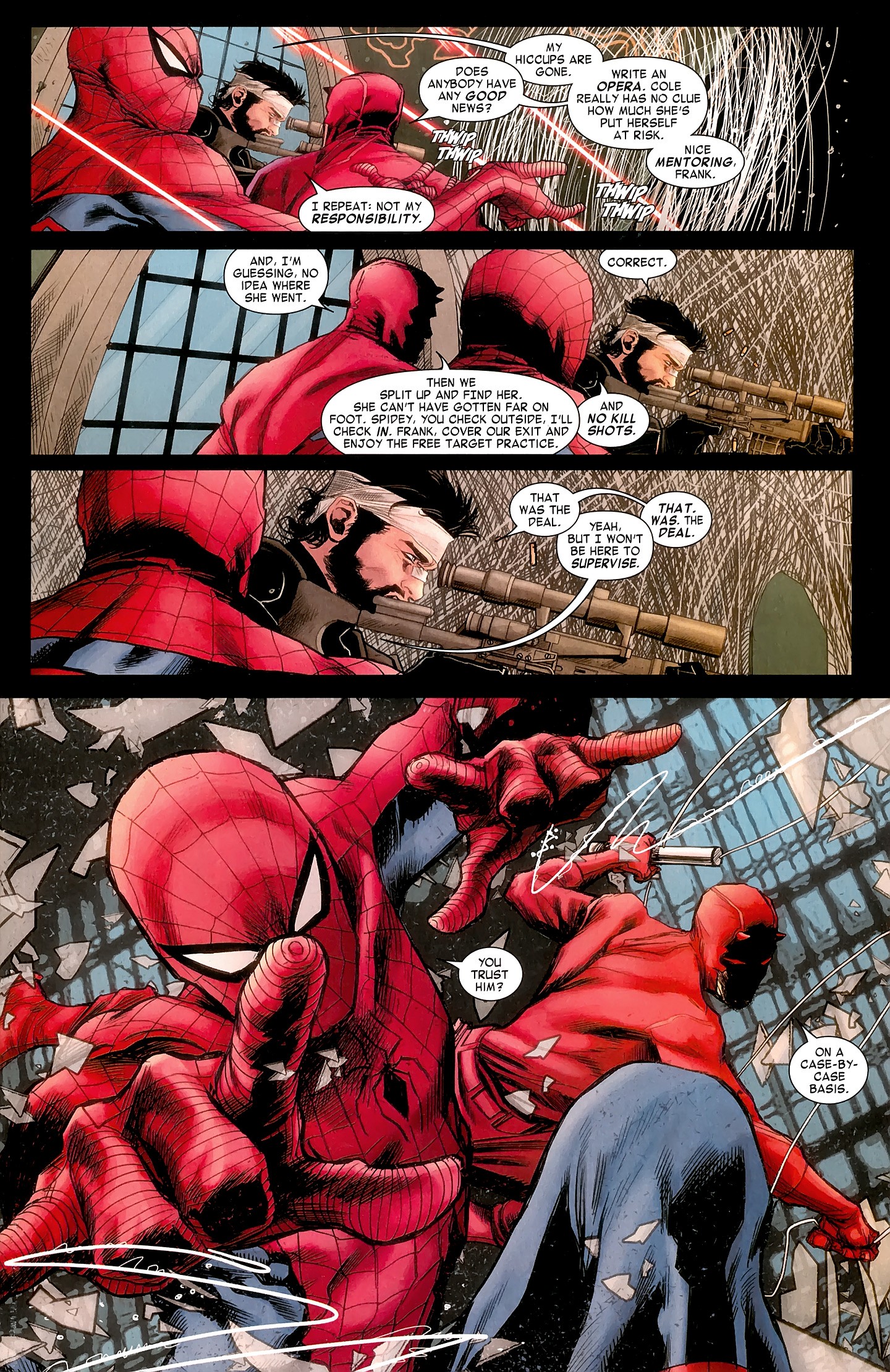 Daredevil, The Punisher, and Spider-Man fight for the Omega Drive in Daredevil Vol. 3 #11 "The Omega Effect (Part 3) (2012), Marvel Comics. Words by Mark Waid, art by Marco Checchetto, Matt Hollingsworth, and Joe Caramagna via digital issue