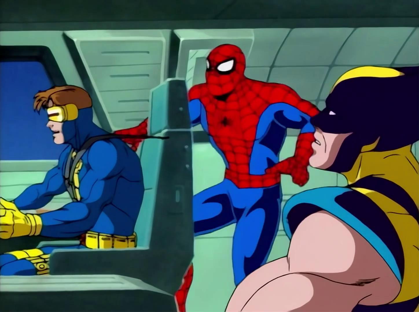 Spider-Man (Christopher Daniel Barnes) hitches a ride with Cyclops (Norman Spencer) and Wolverine (Cal Dodd) aboard the Blackbird Spider-Man: The Animated Series Season 2 Episode 5 “Mutants Revenge” (1995), Marvel Entertainment