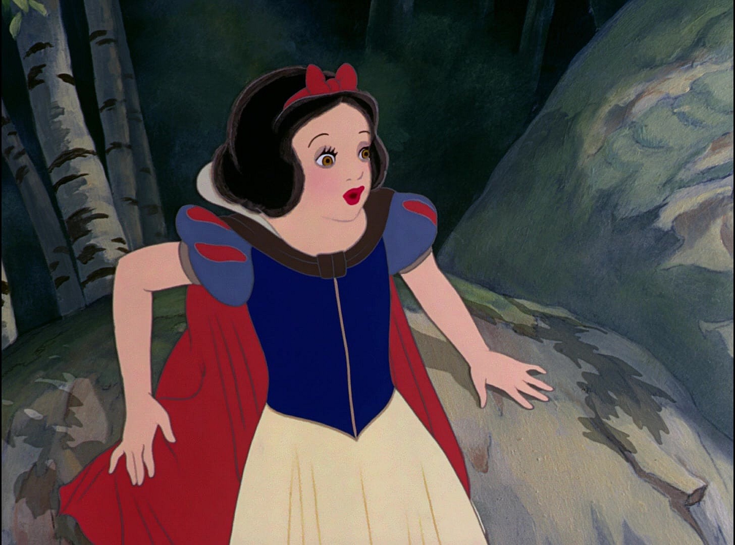 Snow White (Adriana Caselotti) attempts to flee from The Hunstman (Stuart Buchanan) in Snow White and the Seven Dwarfs (1937), Disney