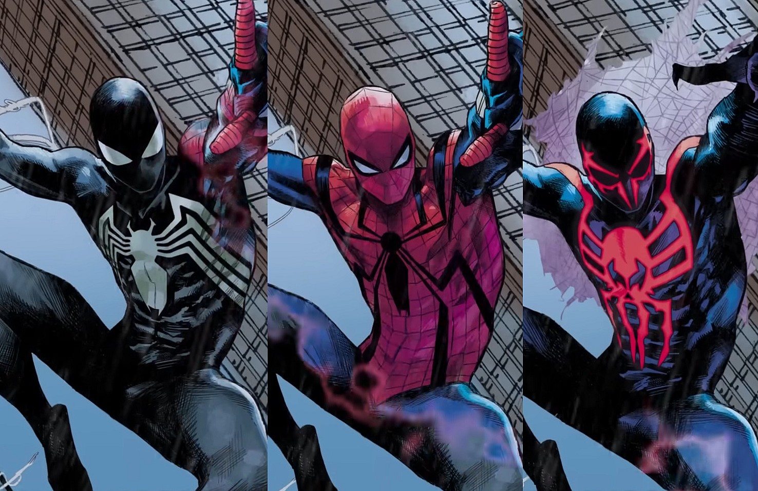 The Symbiote, Ben Reilly, and Miguel O'Hara grace Marco Checchetto's cover to Ultimate Spider-Man Vol. 3 #1 (2024), Marvel Comics