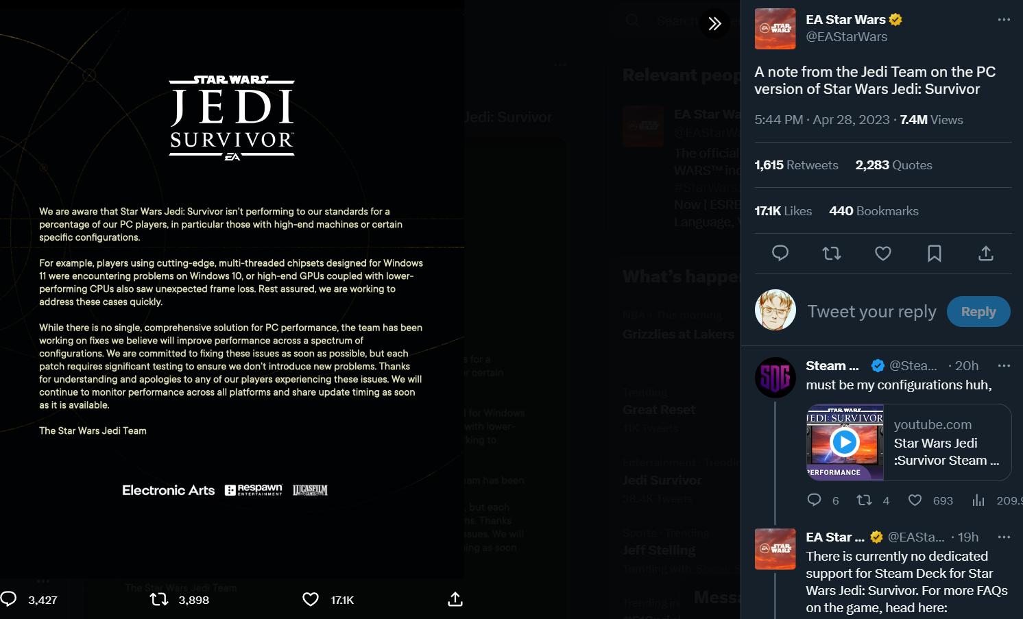 EA swears to resolve performance issues with Star Wars Jedi: Survivor via Twitter