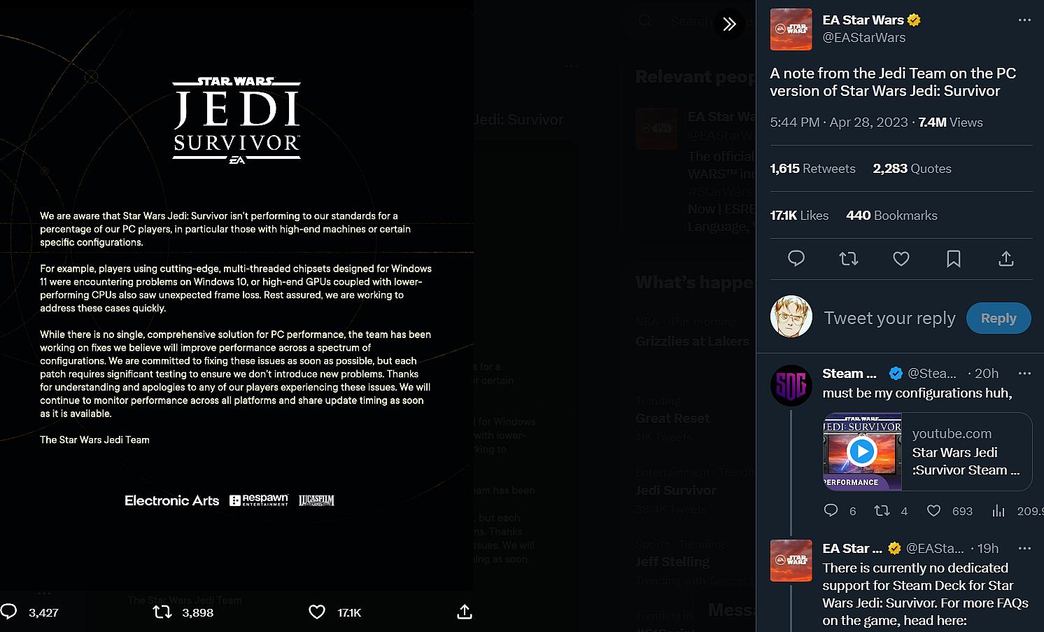 EA swears to resolve performance issues with Star Wars Jedi: Survivor via Twitter