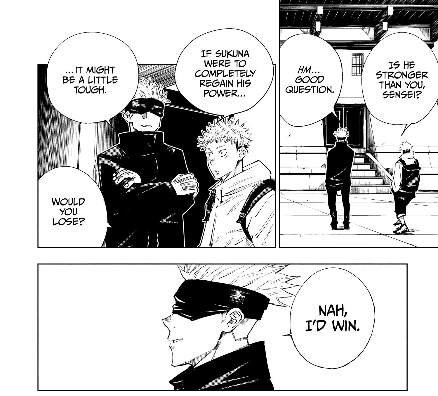 Yuji Itadori has questions for Satoru Gojo in Jujutsu Kaisen Ch. 3 "For Myself" (2018), Shueisha. Words and art by Gege Akutami.