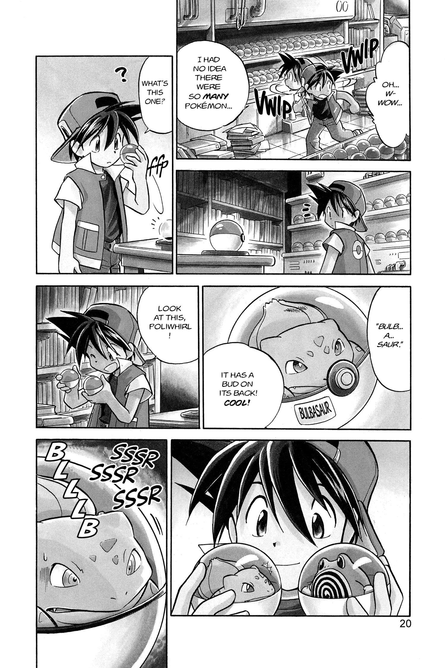 Red meets a pair of new companions in Pokémon Adventures Chapter 2 'Bulbasaur, Come Home!' (1997), Shogakukan. Words by Hidenori Kusaka, art by Mato.