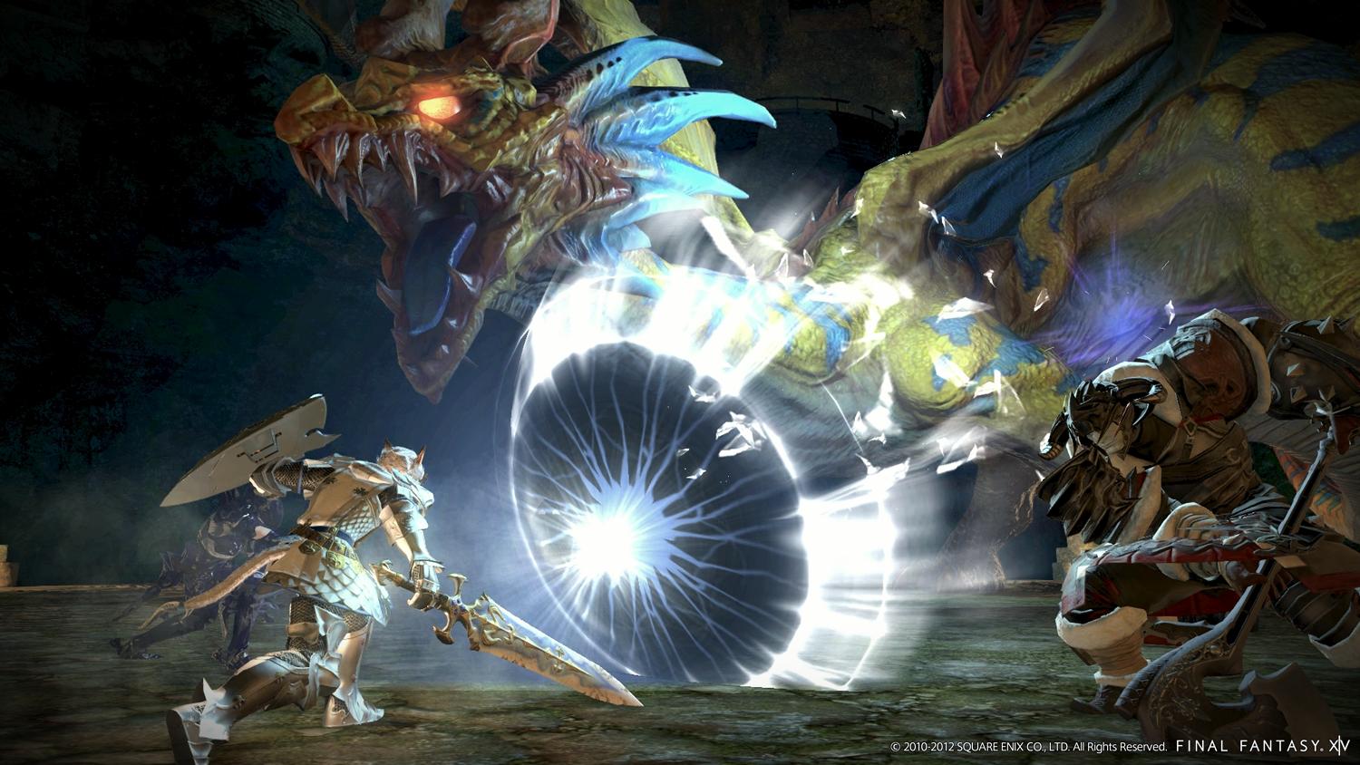 A Paladin, Warrior, and Dragoon work together to take down the dragon Aiatar in Final Fantasy XIV: A Realm Reborn (2013), Square Enix