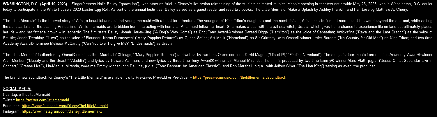Disney's press release regarding Halle Bailey's appearance at The White House Egg Roll 2023 is dedicated more to 'The Little Mermaid' than the actress herself