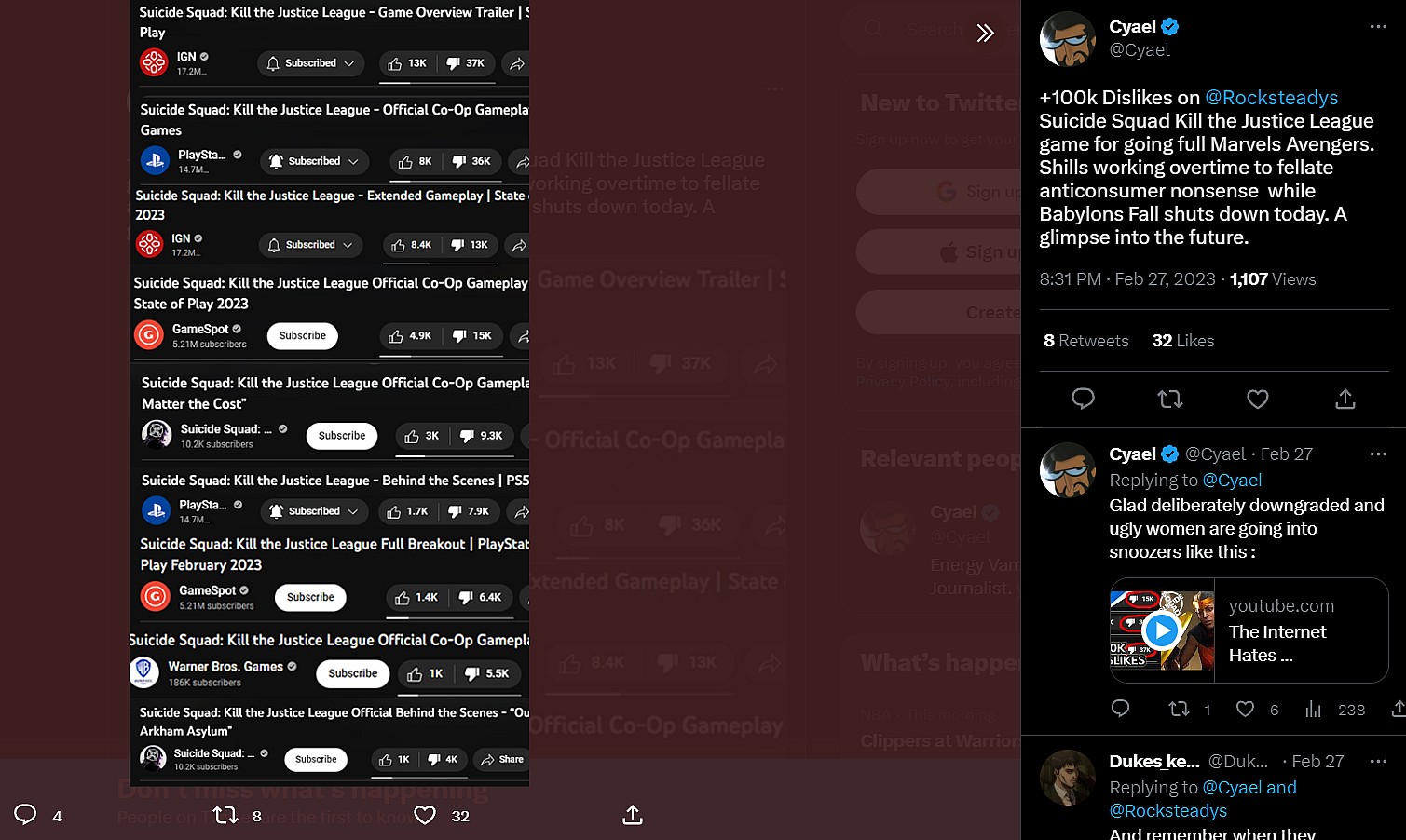 Cyael notes the poor reception of recent Suicide Squad: Kill the Justice League trailers via Twitter