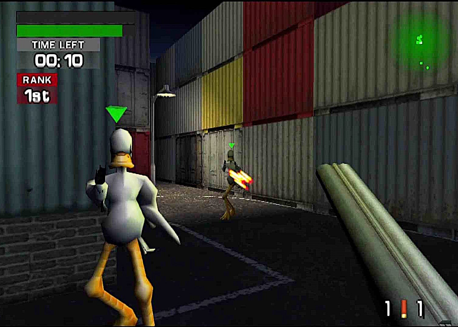 A duo of Duckman Drakes getting blown away in challenge mode. TimeSplitters (2000), Eidos Interactive.