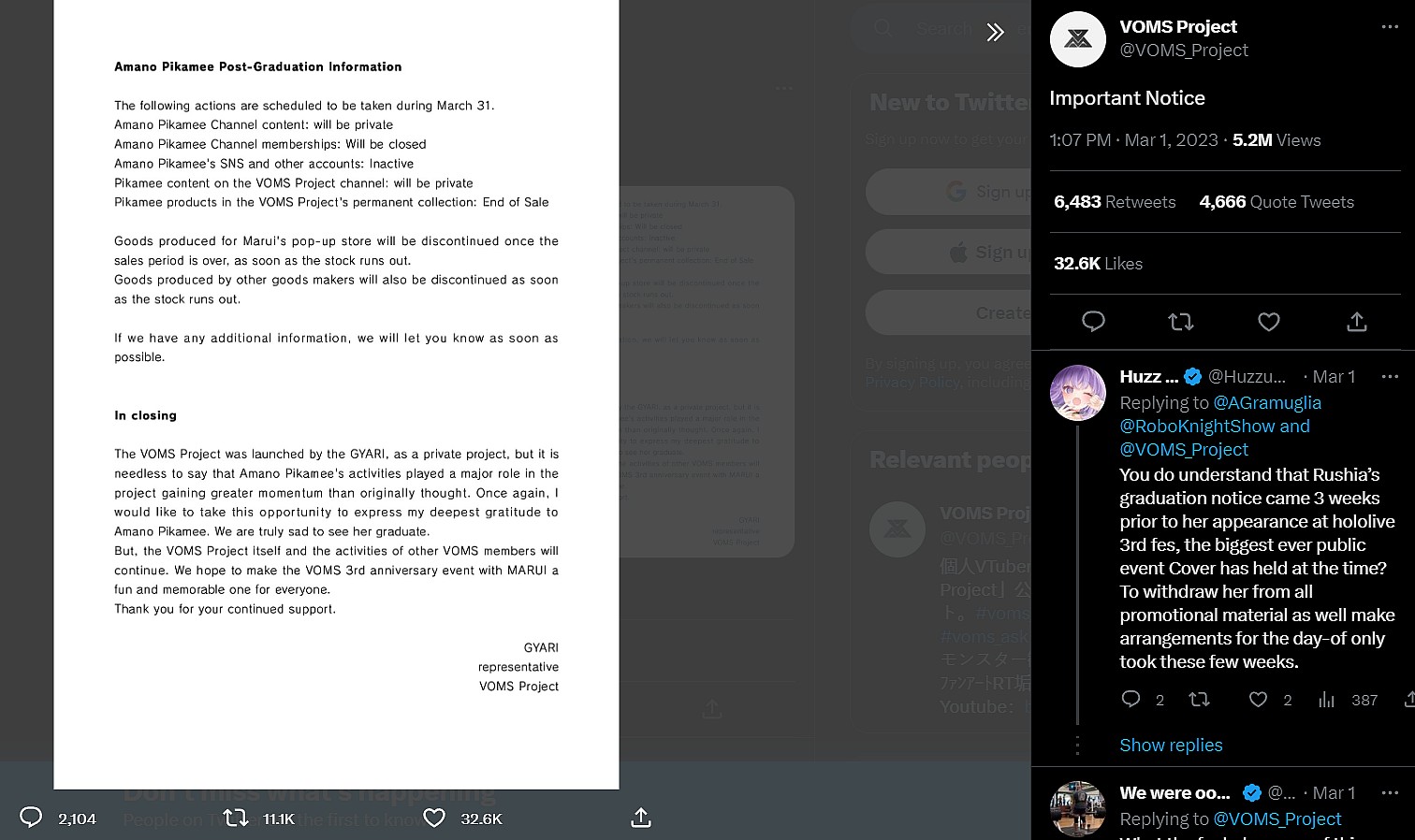 VOMS Project details what will happen with Pikamee's graduation via Twitter