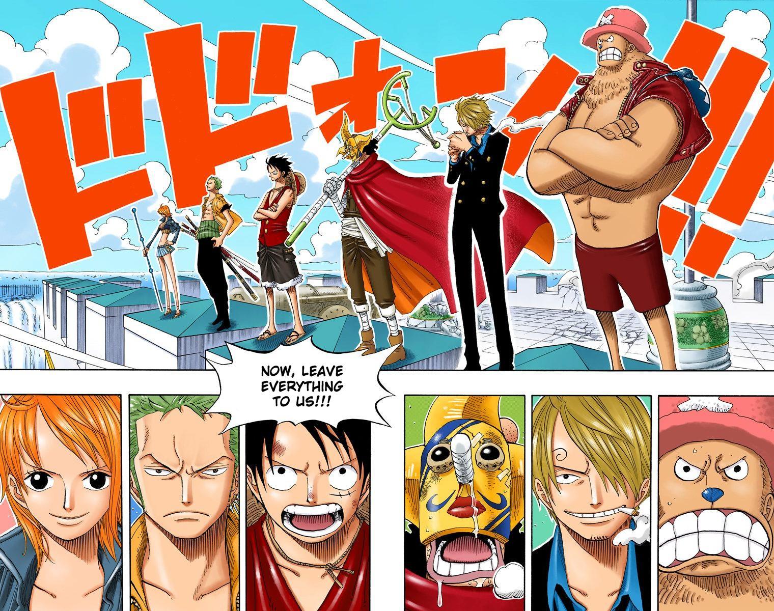 The Straw Hats come to rescue Robin from Enies Lobby in One Piece Ch. 390 "Fighting Back" (2005), Shueisha. Words and art by Eiichiro Oda.
