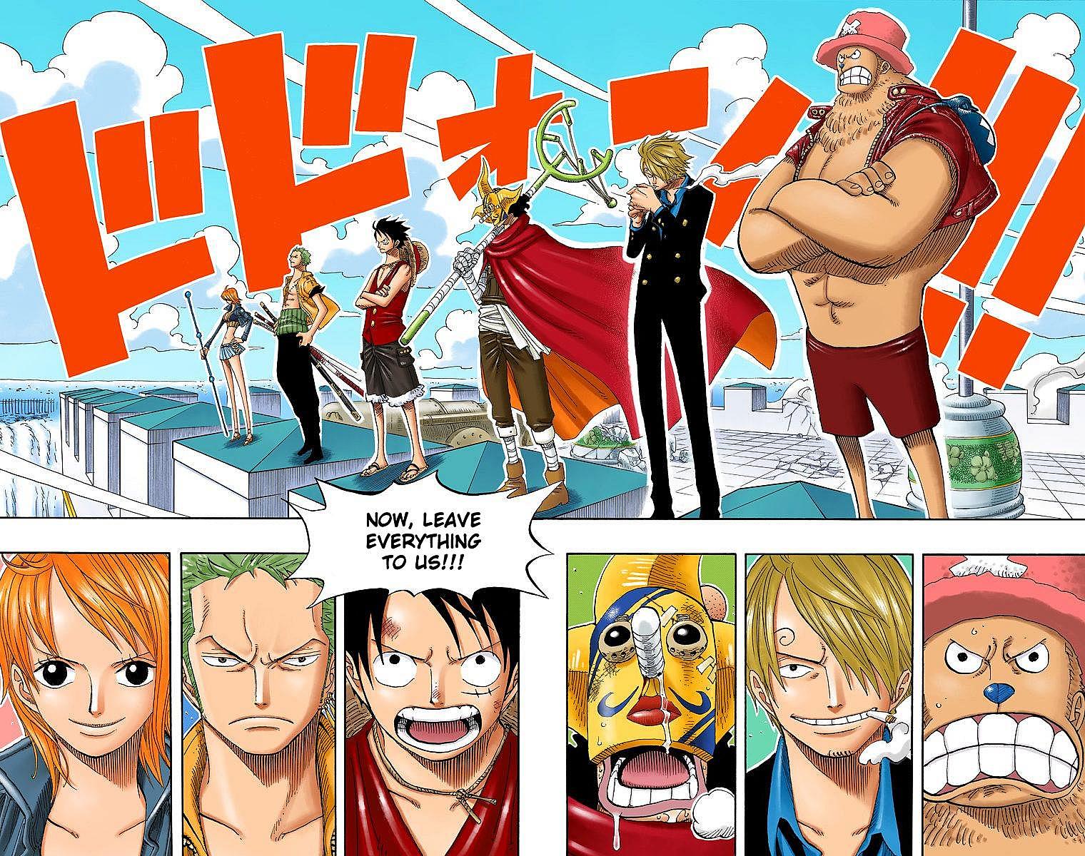 The Straw Hats rescue Robin from Enies Lobby in One Piece Ch. 390 "Fighting Back" (2005), Shueisha