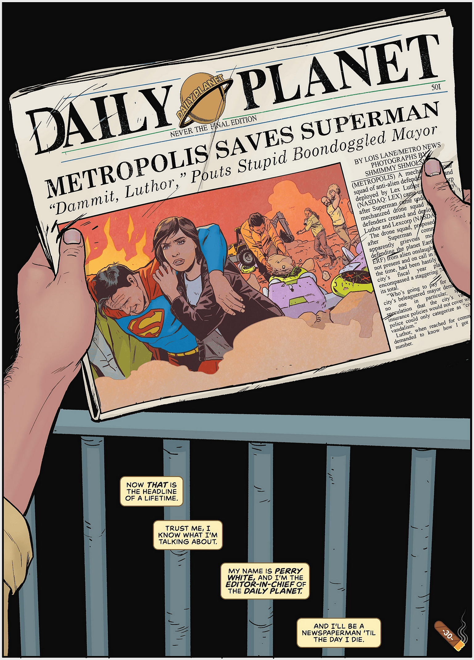 Perry White approves the next day's headline in Superman's Pal Jimmy Olsen's Boss Perry White Vol. 1 #1 "Metropolis Saves Superman" (2022), DC. Words by Matt Fraction, art by Steve Lieber, Nathan Fairbairn, and Clayton Cowles.