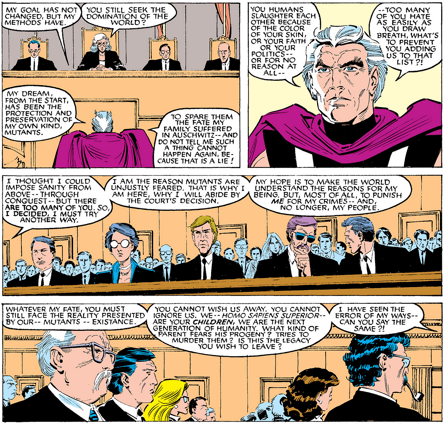 Magneto stands trial in Uncanny X-Men Vol. 1 #200 "The Trial of Magneto!" (1985), Marvel Comics. Words by Chris Claremont, art by John Romita Jr., Dan Green, Glynis Oliver, and Tom Orzechowski.