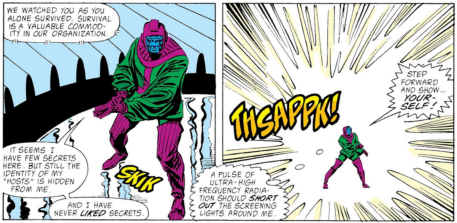 Kang the Conqueror demands to know the identity of his captors in Avengers Vol. 1 #292 "The Dragon in the Sea!" (1988), Marvel Comics. Words by Walter Simonson, art by John Buscema, Tom Palmer, Max Scheele, and Bill Oakley.