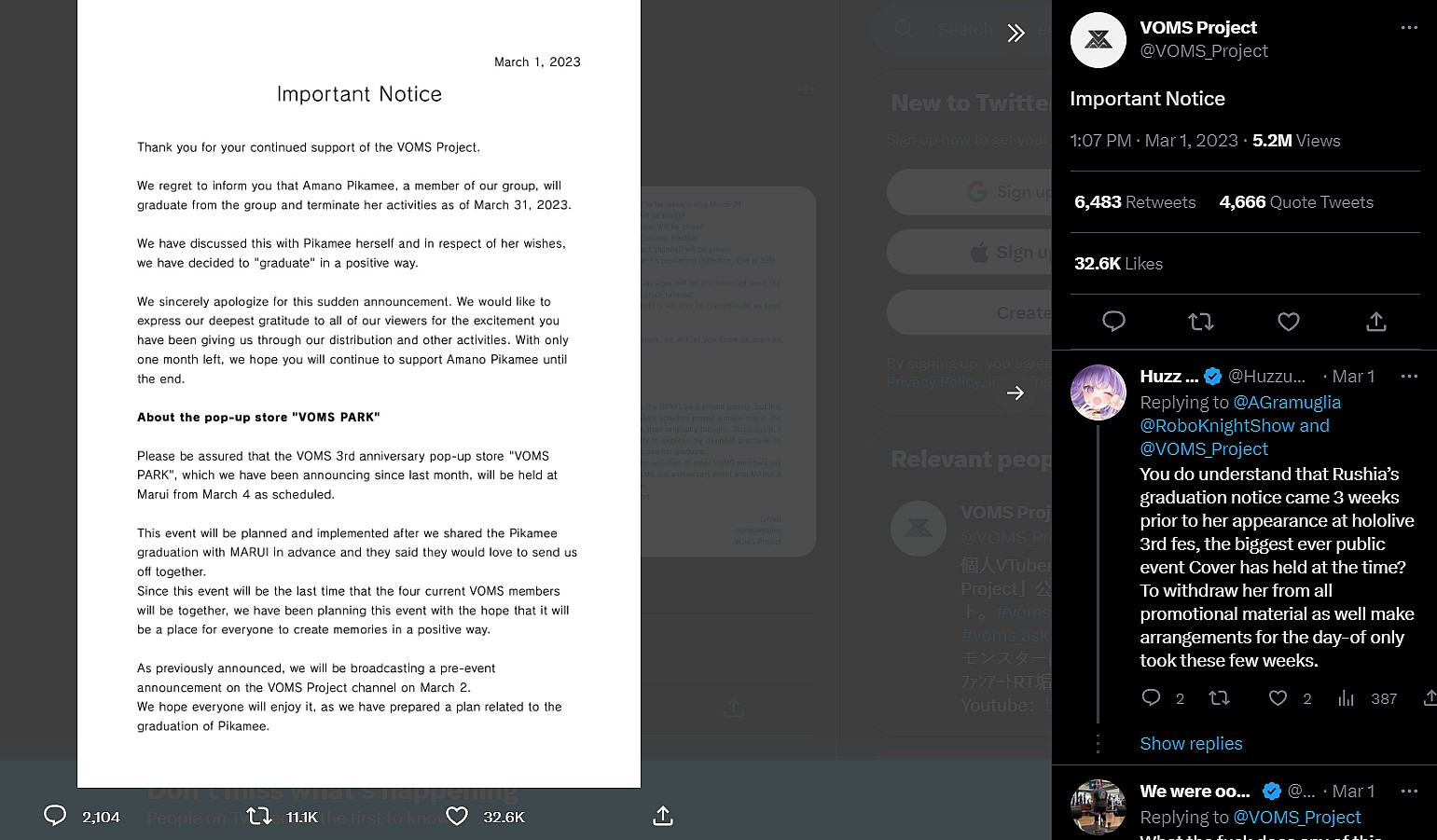 VOMS Project details what will happen with Pikamee's graduation via Twitter