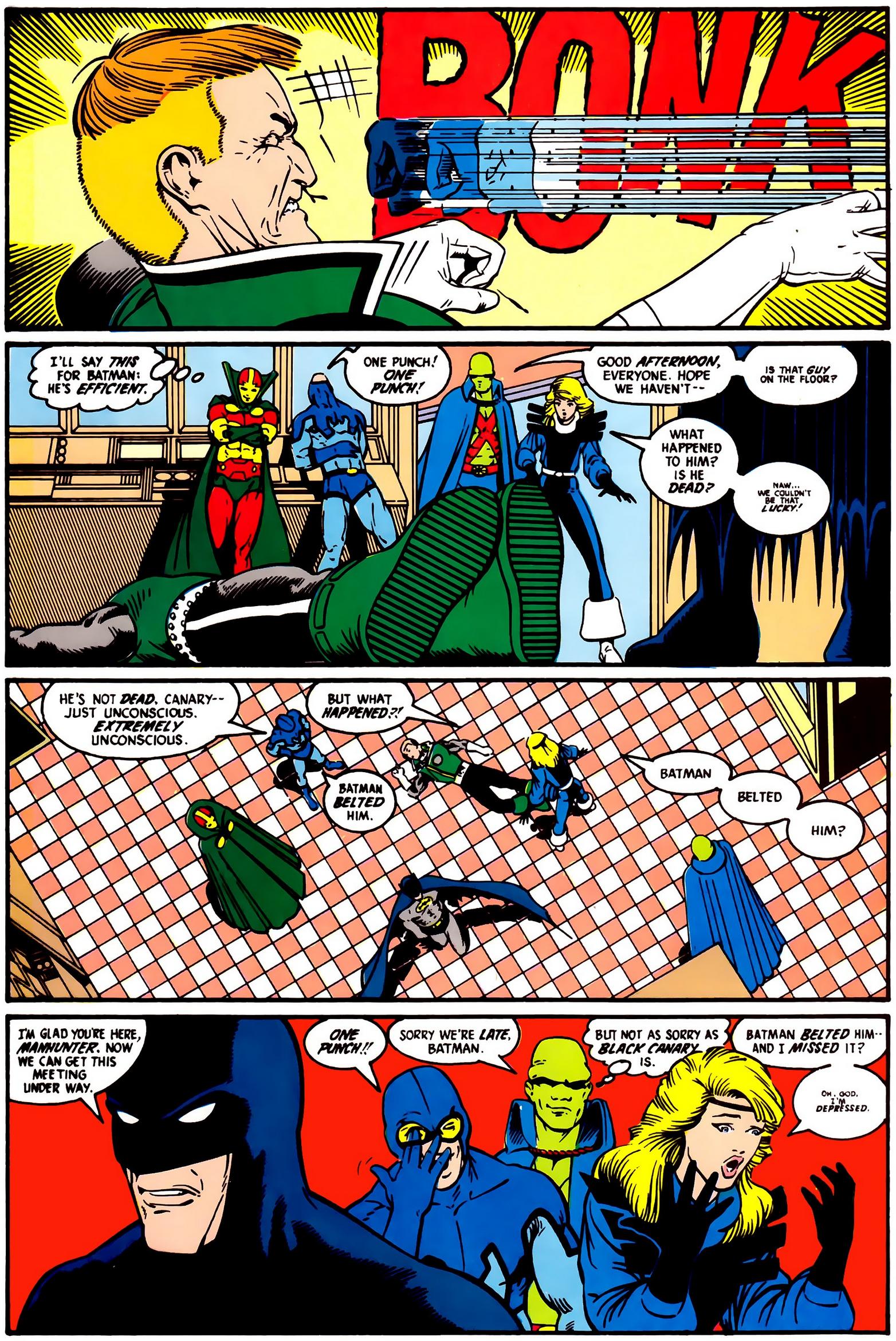 Batman has had enough of Guy Gardner's arrogance in Justice League Vol. 1 #5 "Gray Life Gray Dreams" (1987), DC. Words by Keith Giffen and J.M. DeMatteis, art by Kevin Maguire, Al Gordon, Gene D"Angelo, and Bob Lappan.