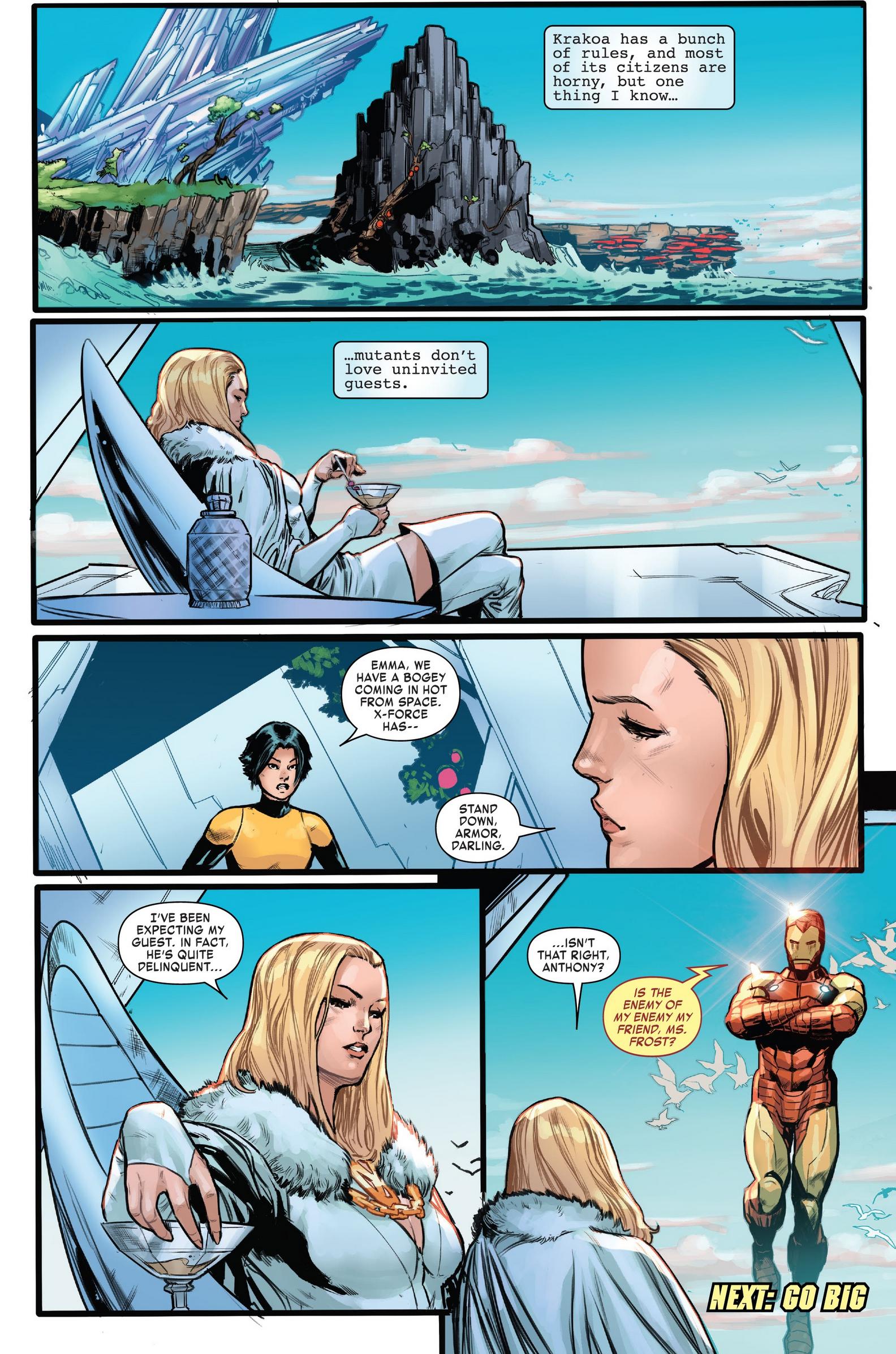 Tony Stark pays a visit to Krakoa in Invincible Iron Man Vol. 5 #4 "The Autobiography of Tony Stark - Chapter Four" (2023), Marvel Comics. Words by Gerry Duggan, art by Juan Frigeri, Bryan Valenza, and Joe Caramagna.