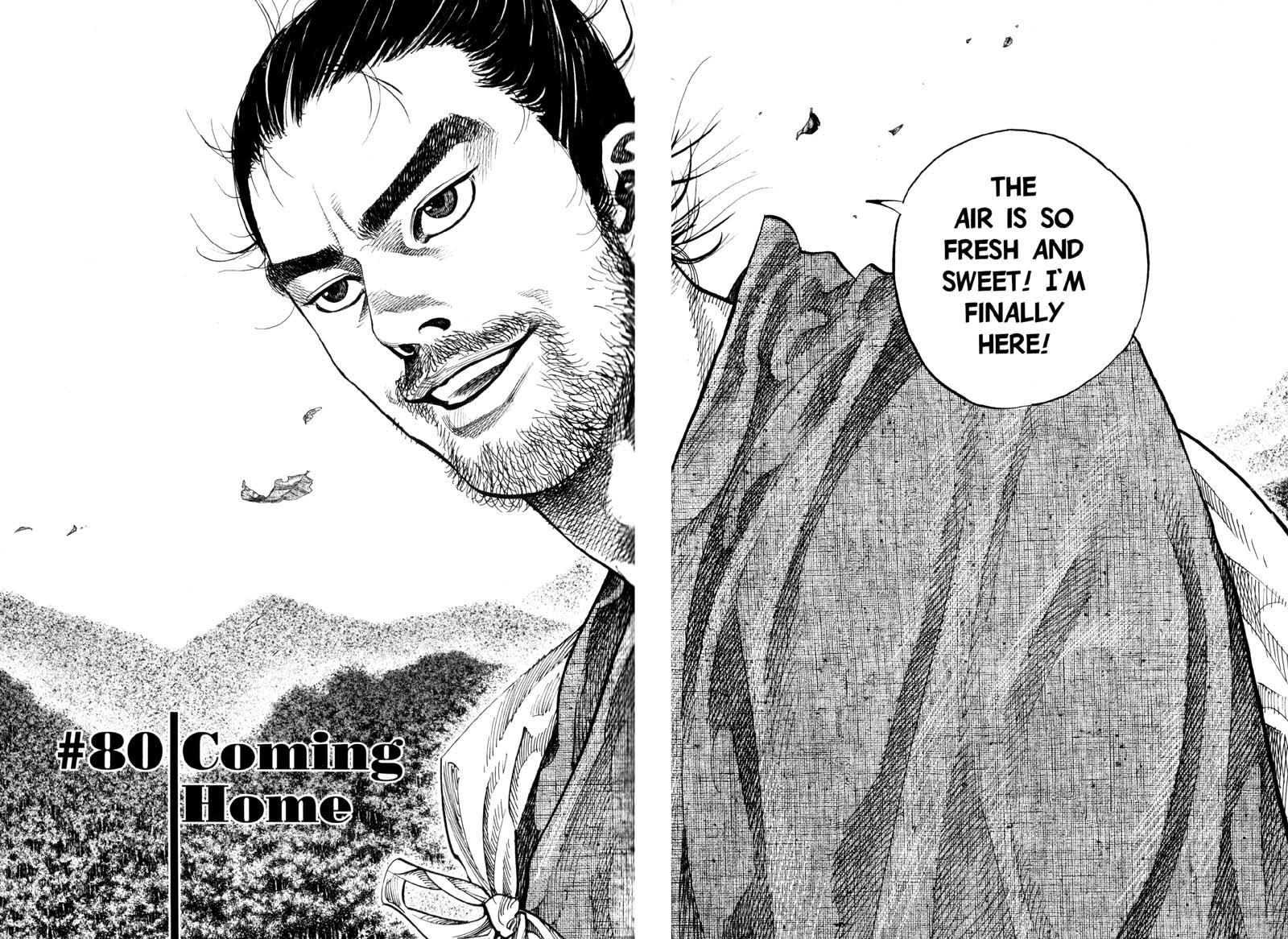 Miyamoto Musashi breathes a familiar air in Vagbond Ch. 80 "Coming Home" (2000), Kodansha. Words and art by Takehiko Inoue via digital issue