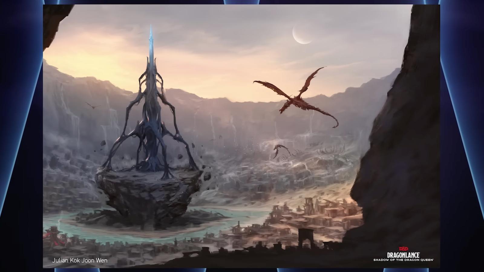 A surreal structure rises out of the ground amid ruins, surrounded by sand, some water, and cliffs. Dragoconic creatures fly around the spire. Art by Julian Kok Joon Wen for Dungeons & Dragons Dragonlance: Shadow of the Dragon Queen (2022), Wizards of the Coast
