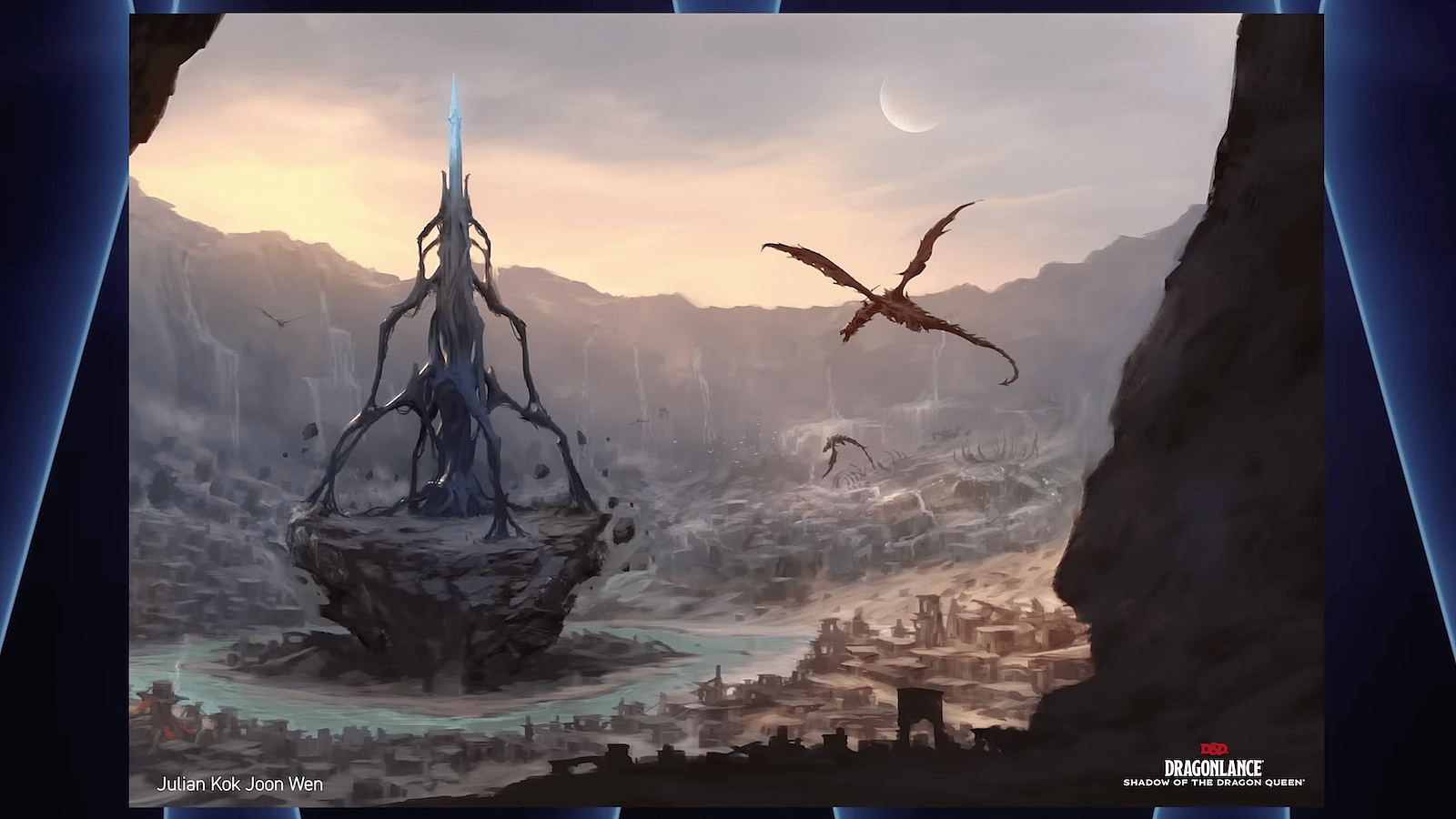 A surreal structure rises out of the ground amid ruins, surrounded by sand, some water, and cliffs. Dragoconic creatures fly around the spire. Art by Julian Kok Joon Wen for Dungeons & Dragons Dragonlance: Shadow of the Dragon Queen (2022), Wizards of the Coast