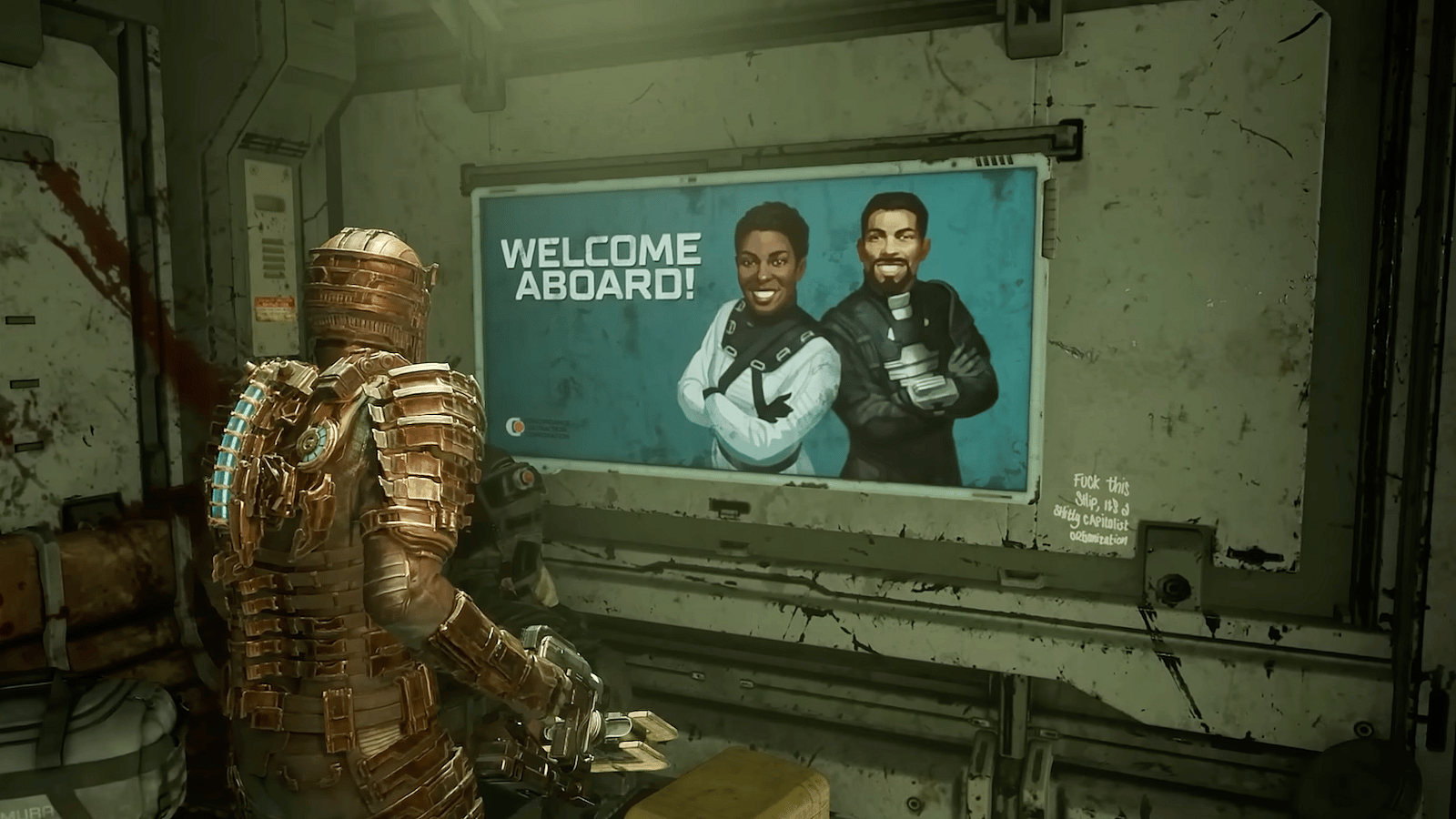 Isaac Clarke checks out one of the game's many updated recruitment posters in Dead Space (2023), Electronic Arts