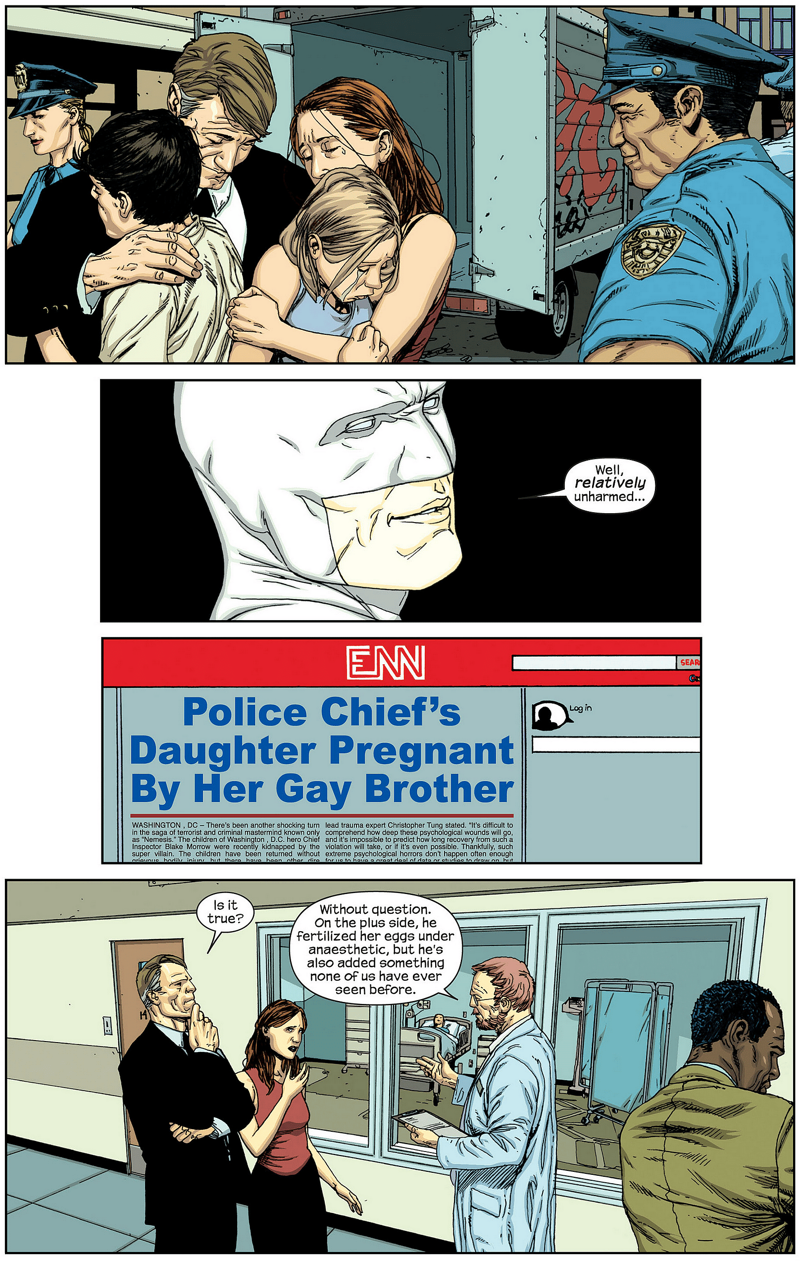 Nemesis taunts Chief Inspector Blake Morrow with his latest plot in Millar & McNiven's Nemesis Vol. 1 #3 "That All You Got?" (2010), Icon Comics. Words by Mark Millar, art by Steve McNiven, Dave McCaig, and Clayton Cowles. 