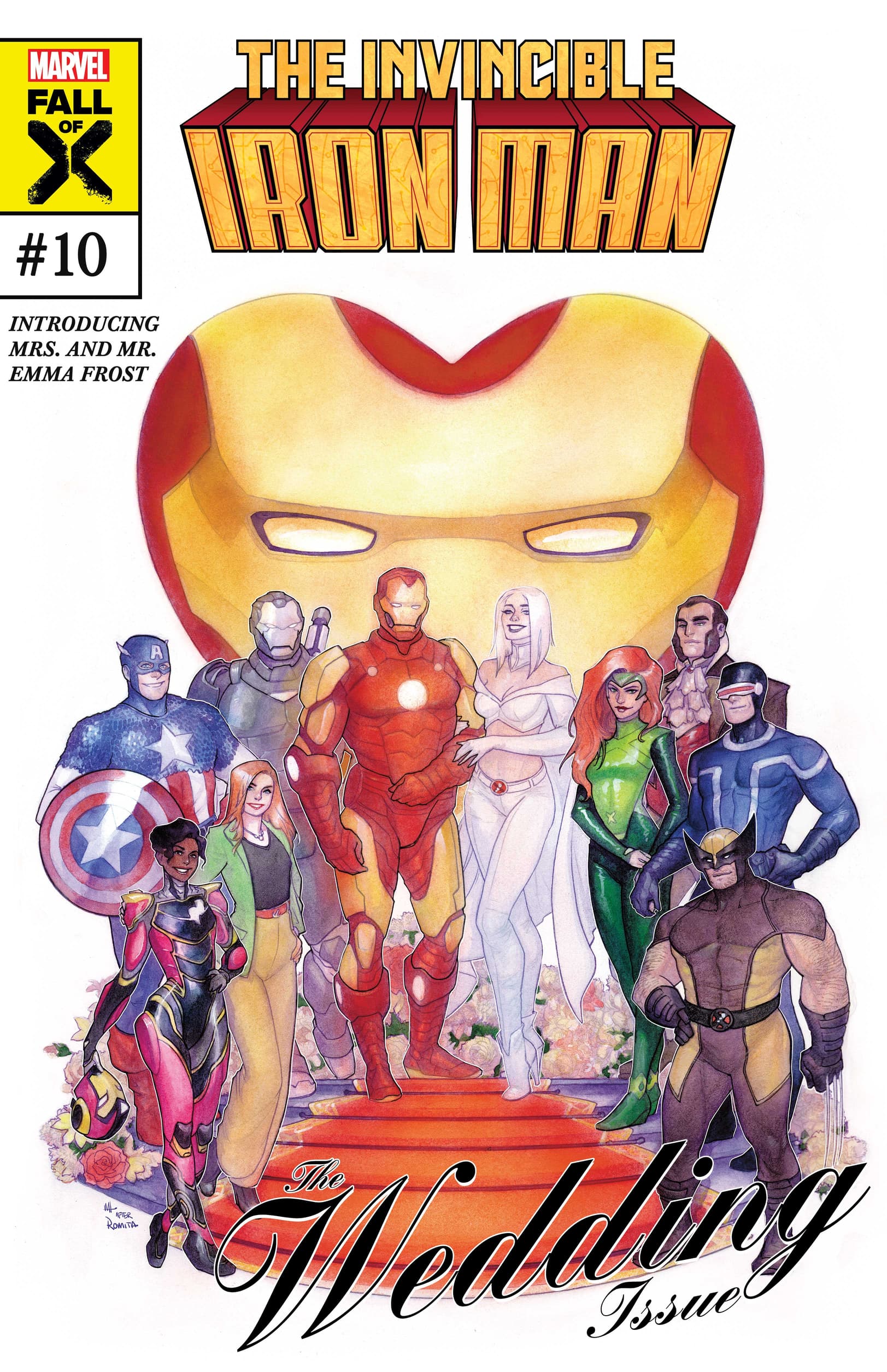 Meghan Hetrick pays homage to John Romita Sr.'s Amazing Spider-Man Vol. 1 #21 artwork in her variant cover to Invincible Iron Man Vol. 5 #10 (2023), Marvel Comics.