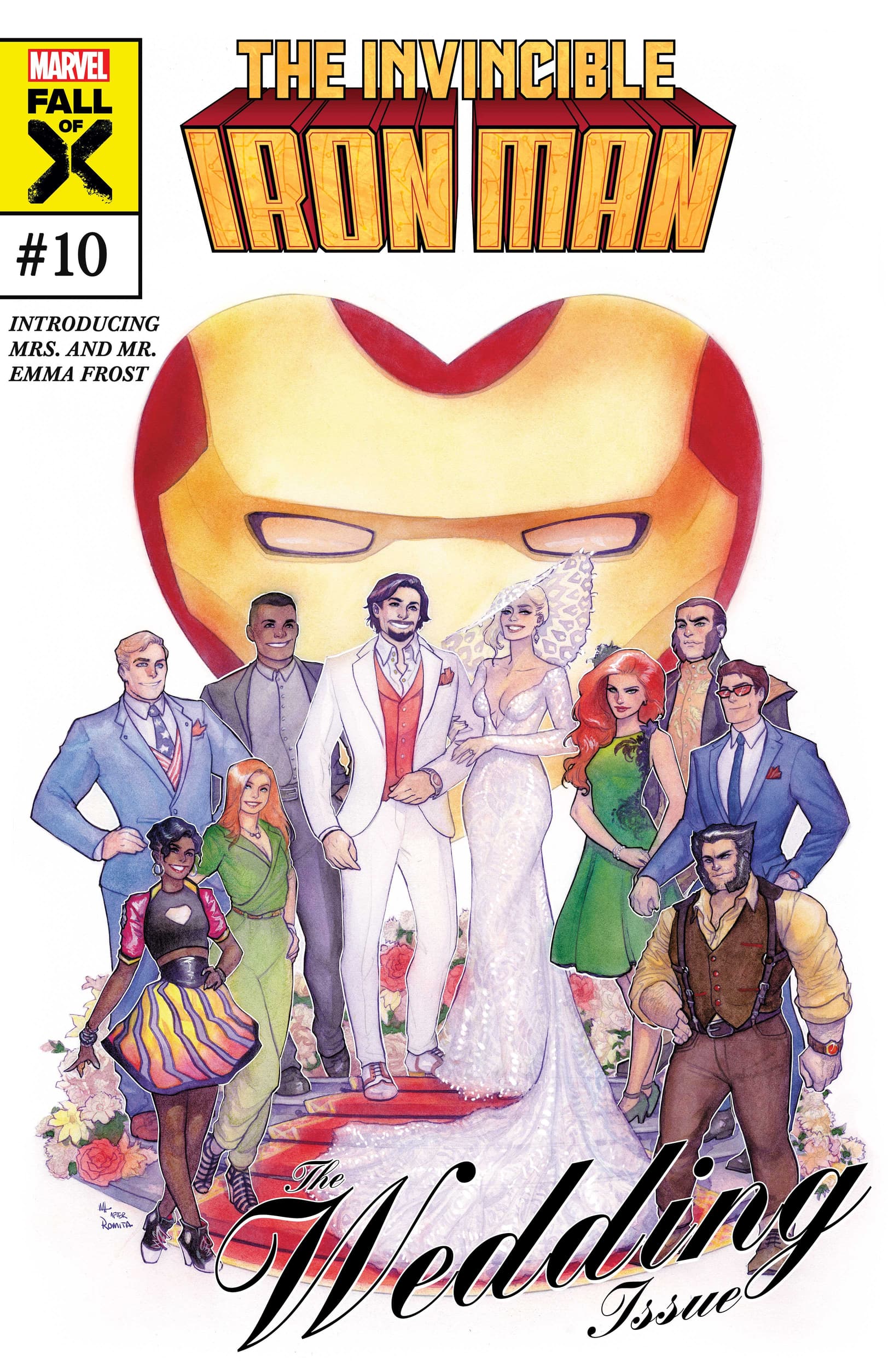 Meghan Hetrick pays homage to John Romita Sr.'s Amazing Spider-Man Vol. 1 #21 artwork in her variant cover to Invincible Iron Man Vol. 5 #10 (2023), Marvel Comics.