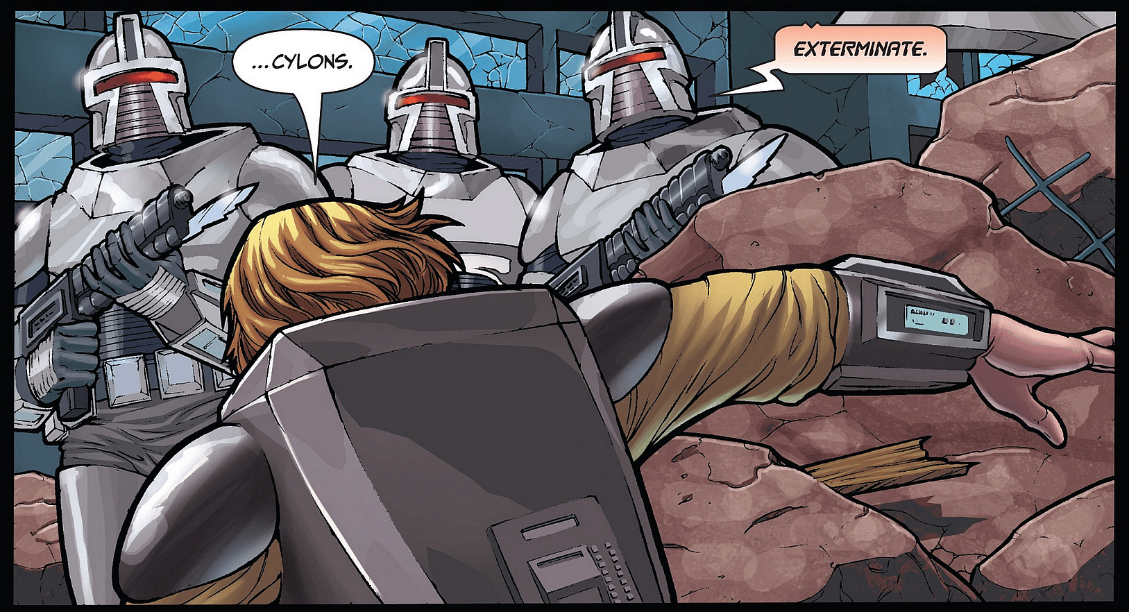 Starbuck makes a wrong turn into a group of Cylon patrolmen in Classic Battlestar Galactica Vol. 1 #1 (2006), Dynamite Entertainment. Words by Rick Remender, art by Carlos Rafael.