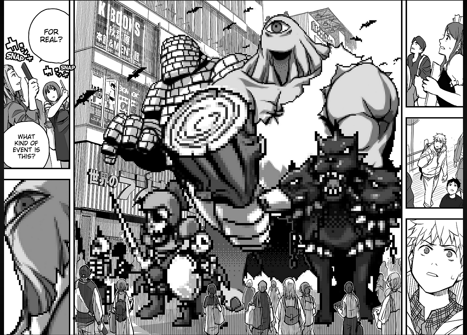 The video game world invades reality in The Game Devil Ch. 1 "No Tomorrow" (2022), Shueisha. Words and art by Kakunoshin Futsuzawa.