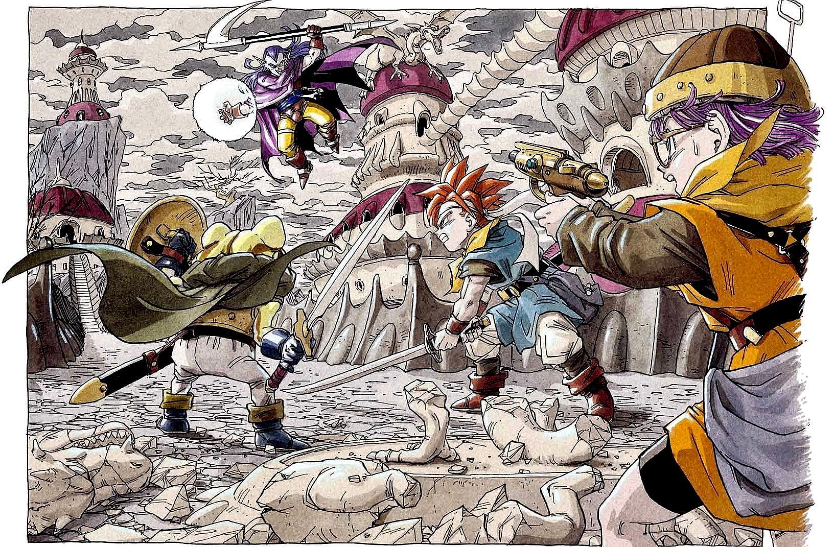 Chrono and crew take on Magus in Akira Toriyama's key art for Chrono Trigger (1995), Square
