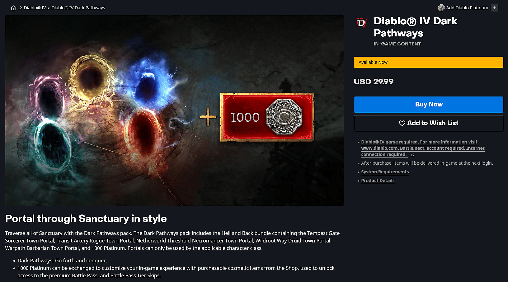 The Dark Pathways DLC as available for purchase in Diablo IV (2023), Blizzard Entertainment