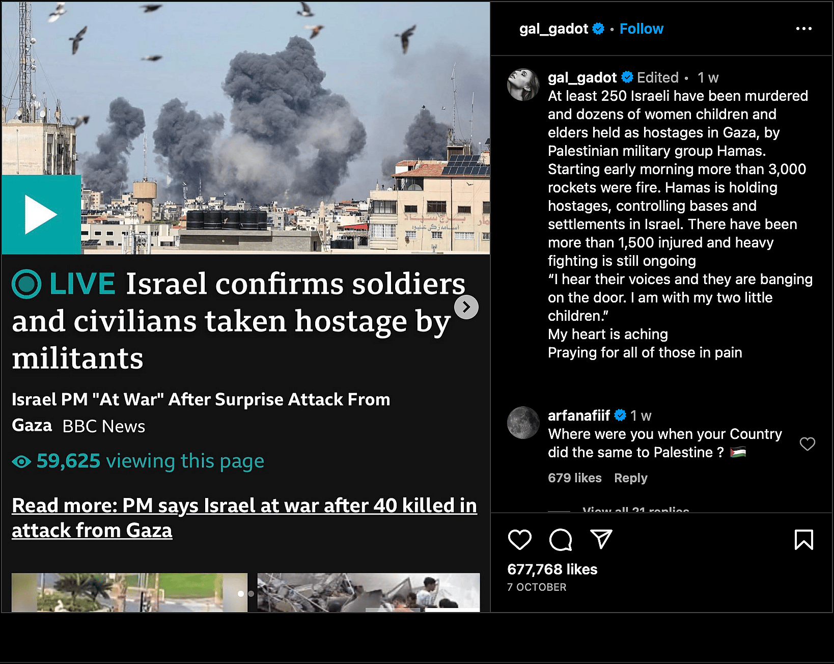 Gal Gadot weighs in on Hamas attacking Israel via Instagram