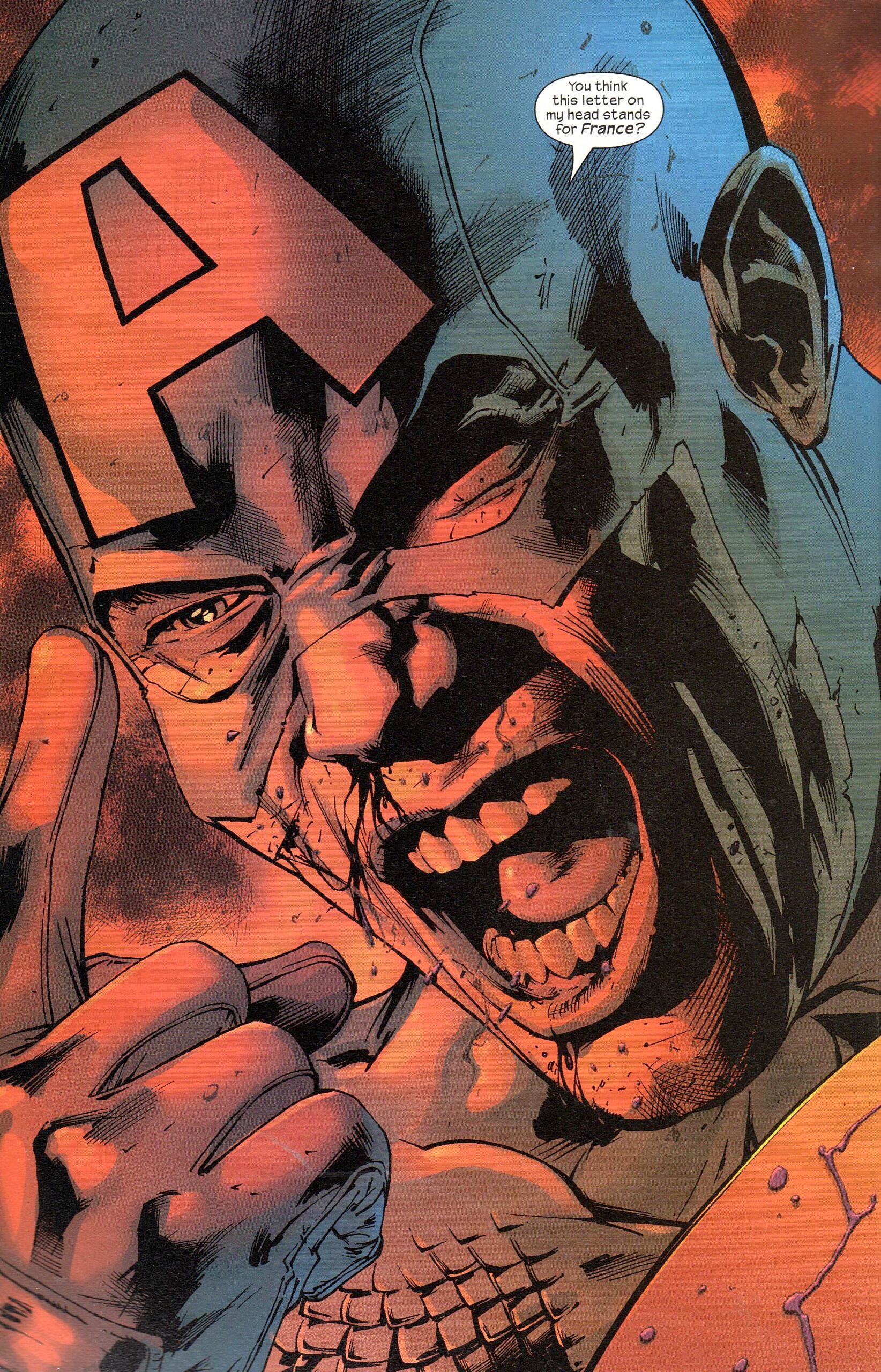 Captain America has a question for the Chitauri leader in Ultimates Vol. 1 Issue #12, "Persons of Mass Destruction" (2003), Marvel Comics. Words by Mark Millar, Art by Bryan Hitch