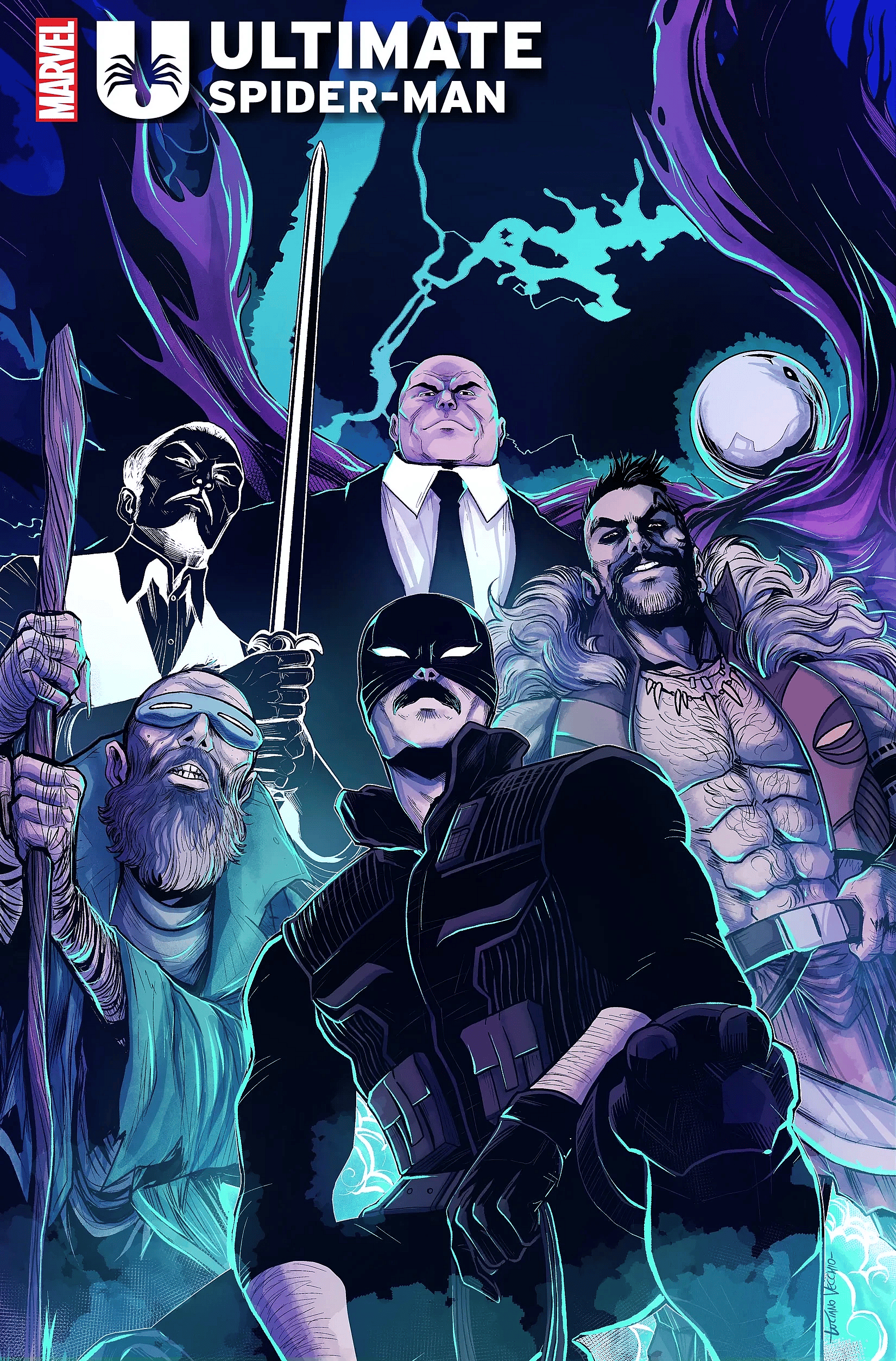 The Sinister Six of Earth-6160 assemble on Luciano Vecchio's variant cover to Ultimate Spider-Man Vol. 3 #8 (2024), Marvel Comics