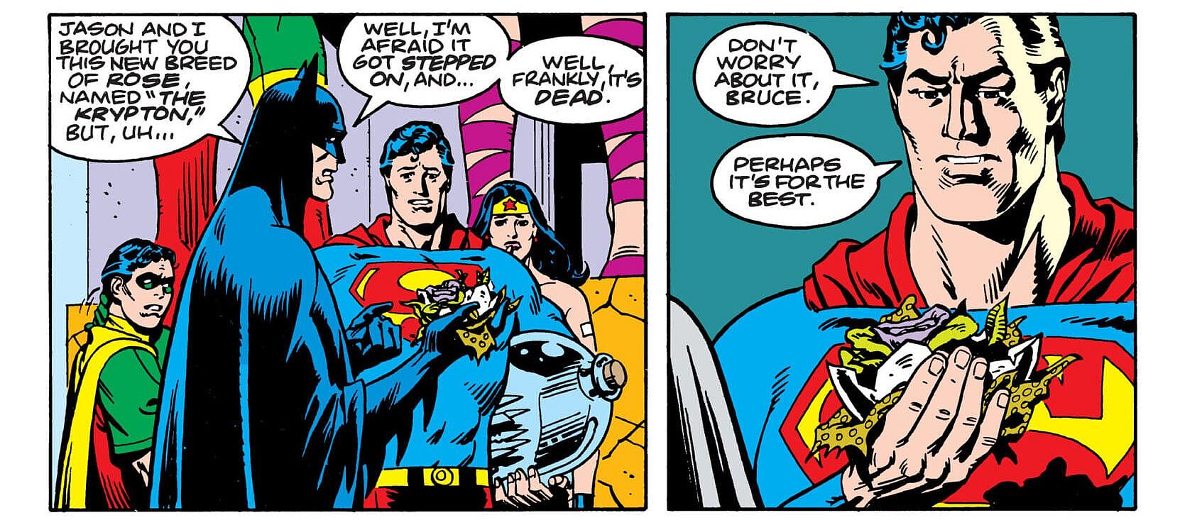 Batman gives Superman birthday present in Superman Annual #11 "For the Man Who Has Everything"