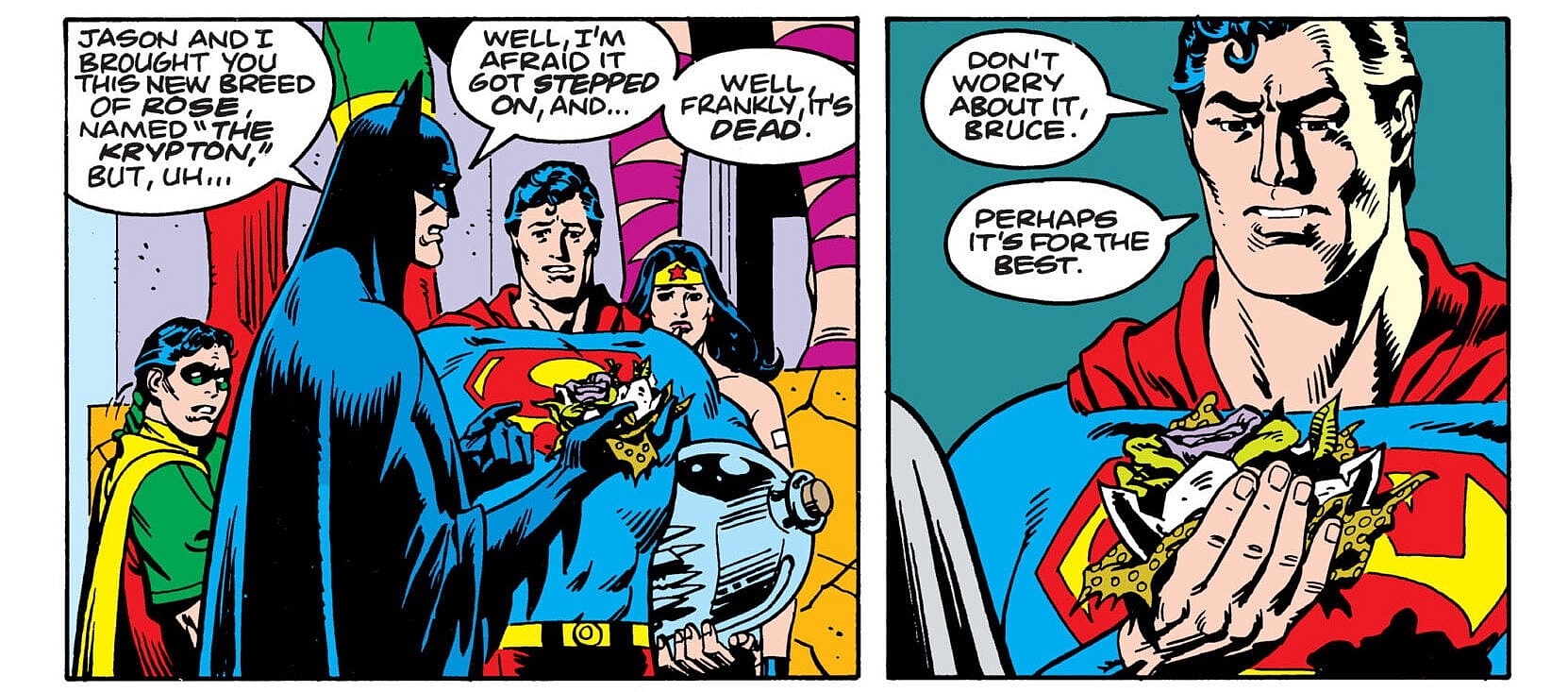 Batman gives Superman a birthday present in Superman Annual #11 “For the Man Who Has Everything” (1985), DC Comics. Words by Alan Moore, art by Dave Gibbons and Tom Ziuko.