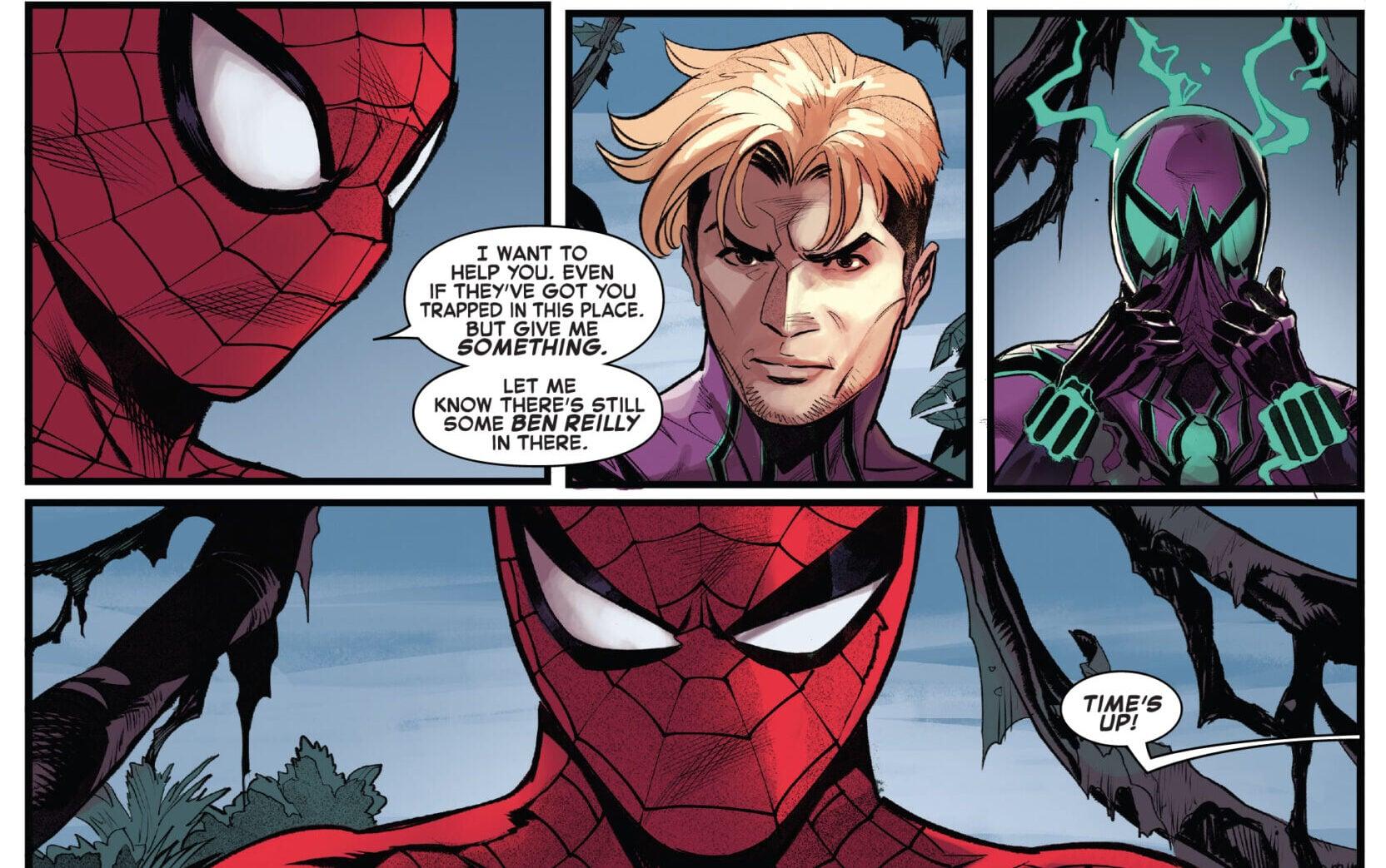 Zeb Wells triples-down on ruining Ben Reilly's character in Dark Web Finale Vol. 1 #1 "In The Bleak Midwinter" (2023), Marvel Comics. Words by Zeb Wells, art by Adam Kubert, Francesco Mortarino, Frank Martin, Guru-eFX, and Joe Caramagna.