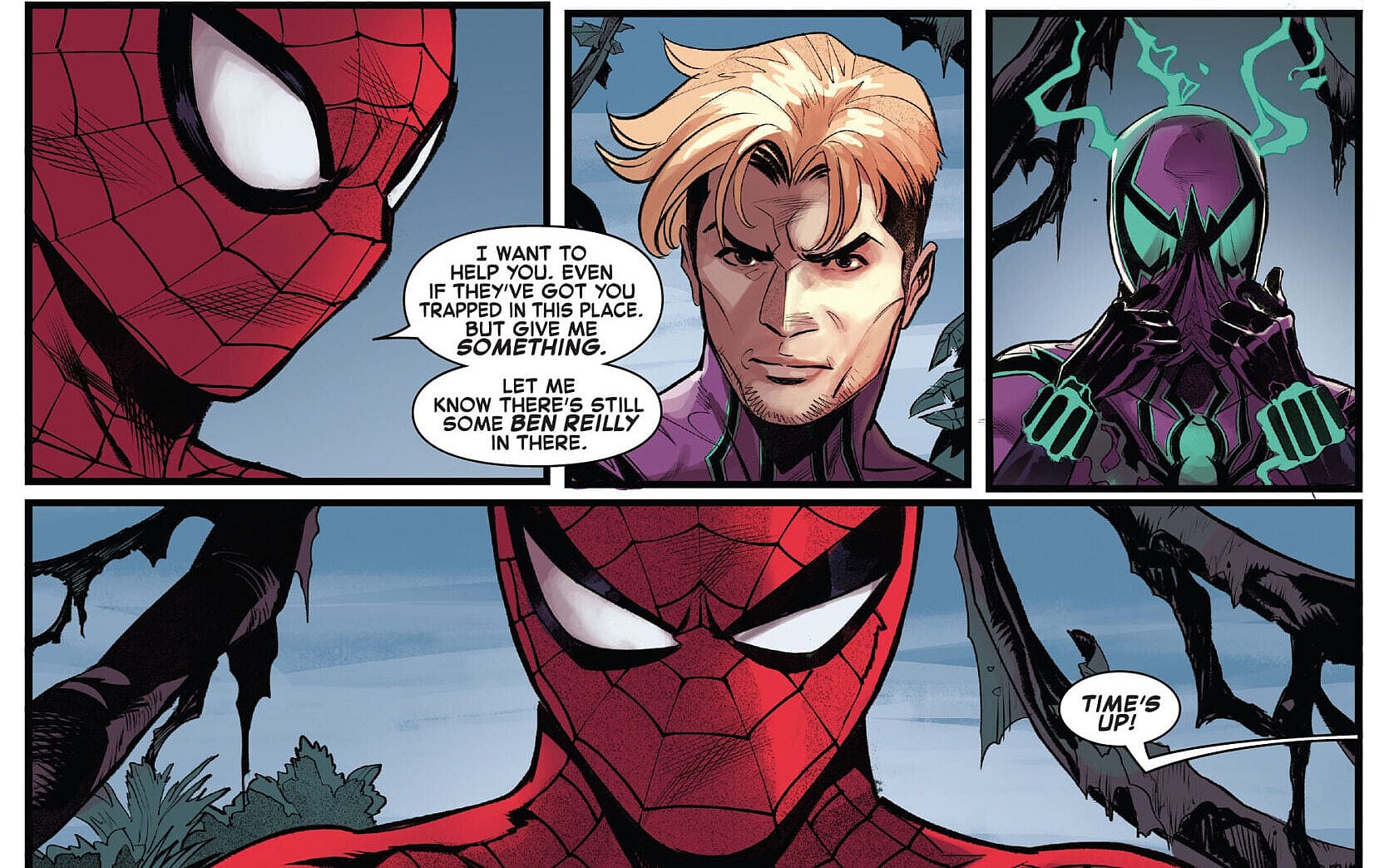 Zeb Wells triples-down on ruining Ben Reilly's character in Dark Web Finale Vol. 1 #1 "In The Bleak Midwinter" (2023), Marvel Comics. Words by Zeb Wells, art by Adam Kubert, Francesco Mortarino, Frank Martin, Guru-eFX, and Joe Caramagna.