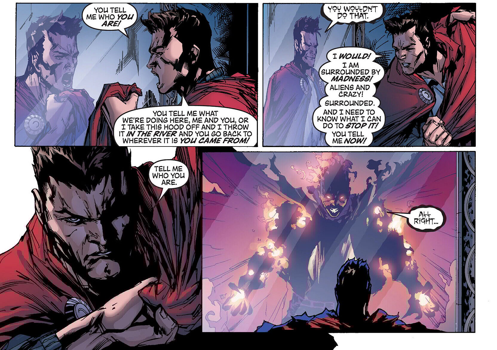 The Hood demands an audience with Dormammu in New AvengersVol. 1 #46 "Secret Invasion (Part 7)" (2008), Marvel Comics. Words by Brian Michael Bendis, art by Billy Tan, Matt Banning, Justin Ponsor, Richard Starkings, and Albert Deschesne.